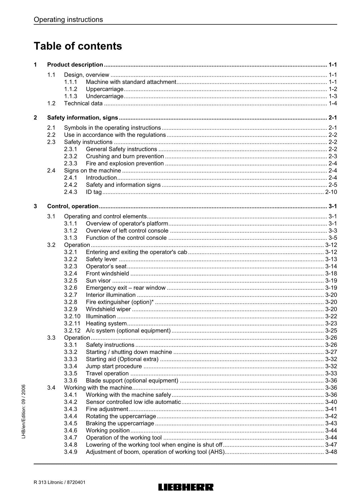 Liebherr R313 Litronic Excavator Operators manual serial 27752