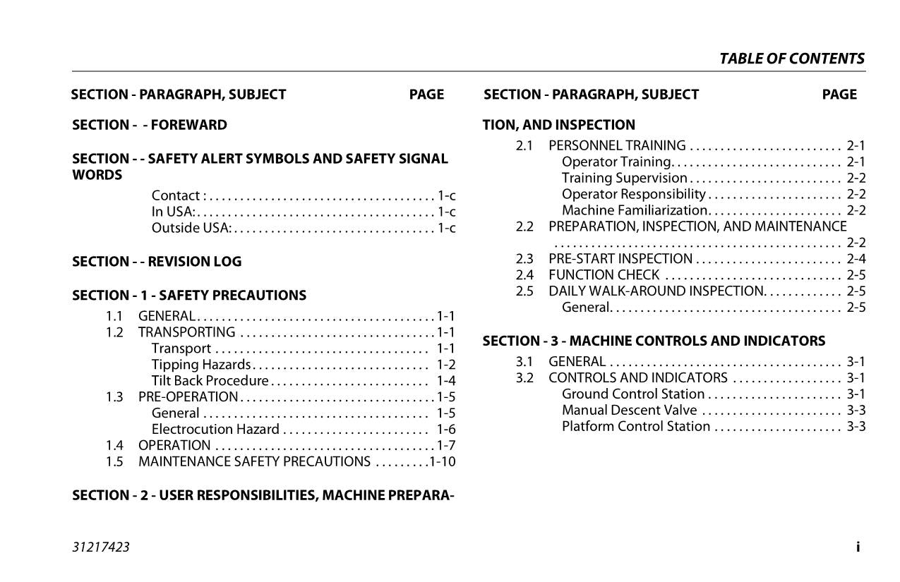 JLG 25AM 30AM 38AM Vertical Mast Maintenance Operation Operators Manual 31217423