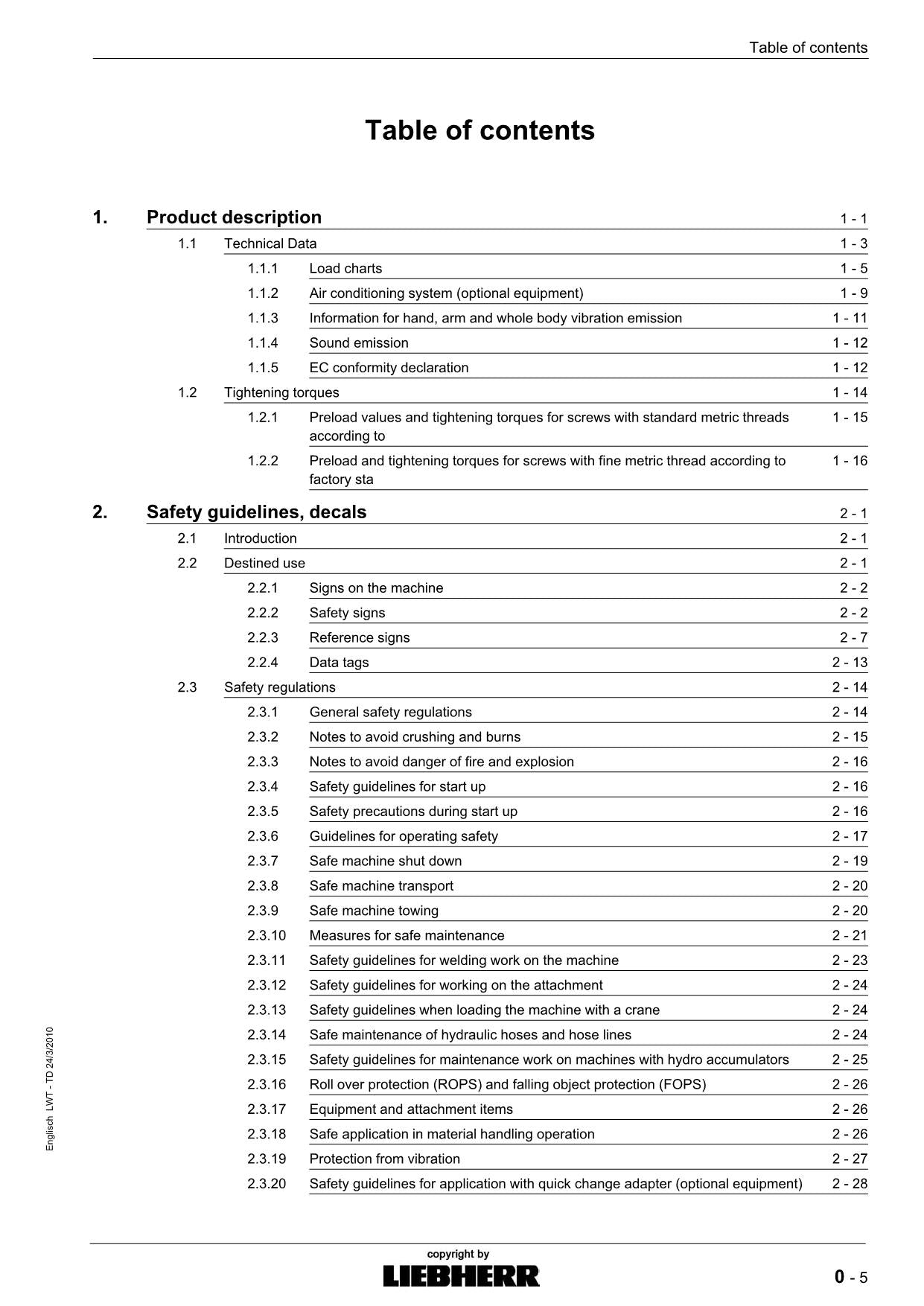 Liebherr TL435 - 10 Telescopic handler Operators manual