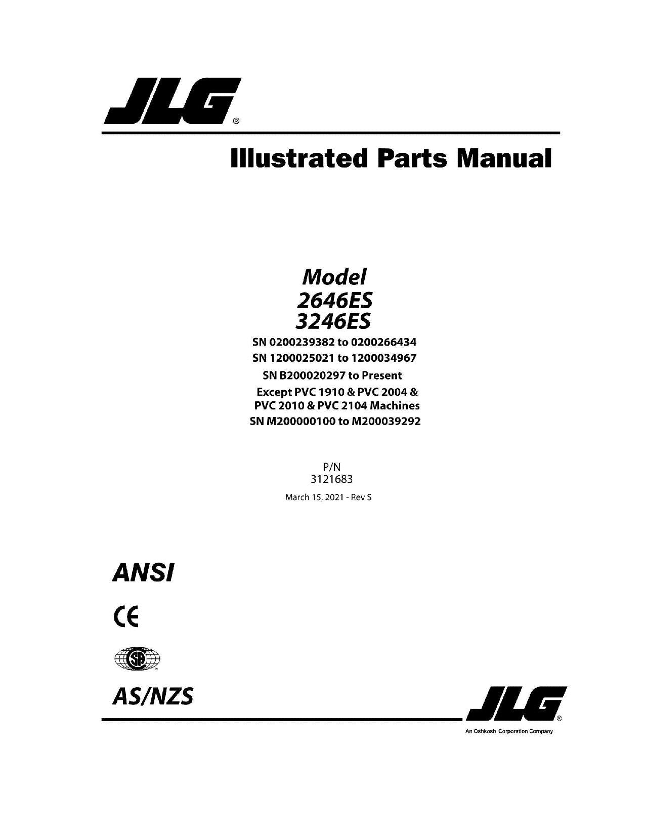 JLG 2646ES 3246ES Scissor Lift Parts Catalog Manual 3121683