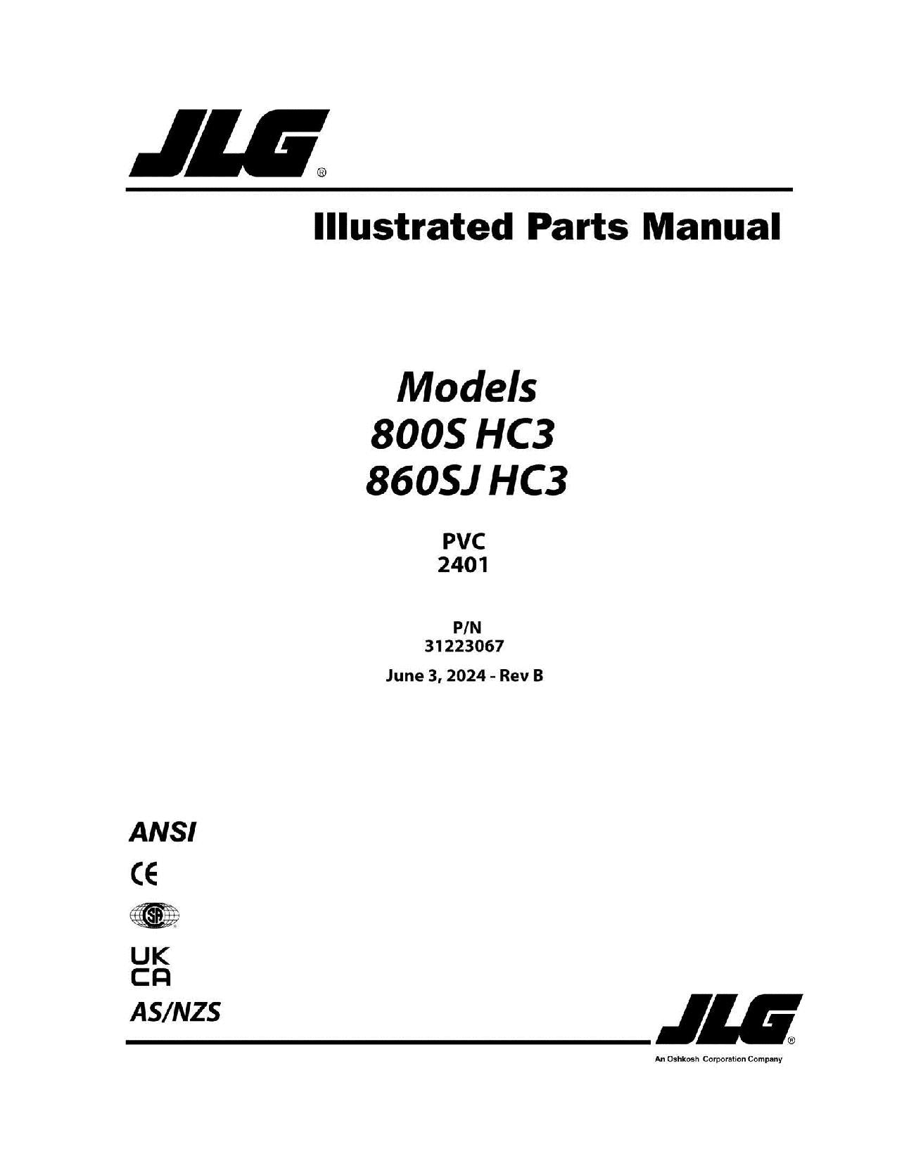 JLG 800S HC3 860SJ HC3 Boom Lift Parts Catalog Manual 31223067