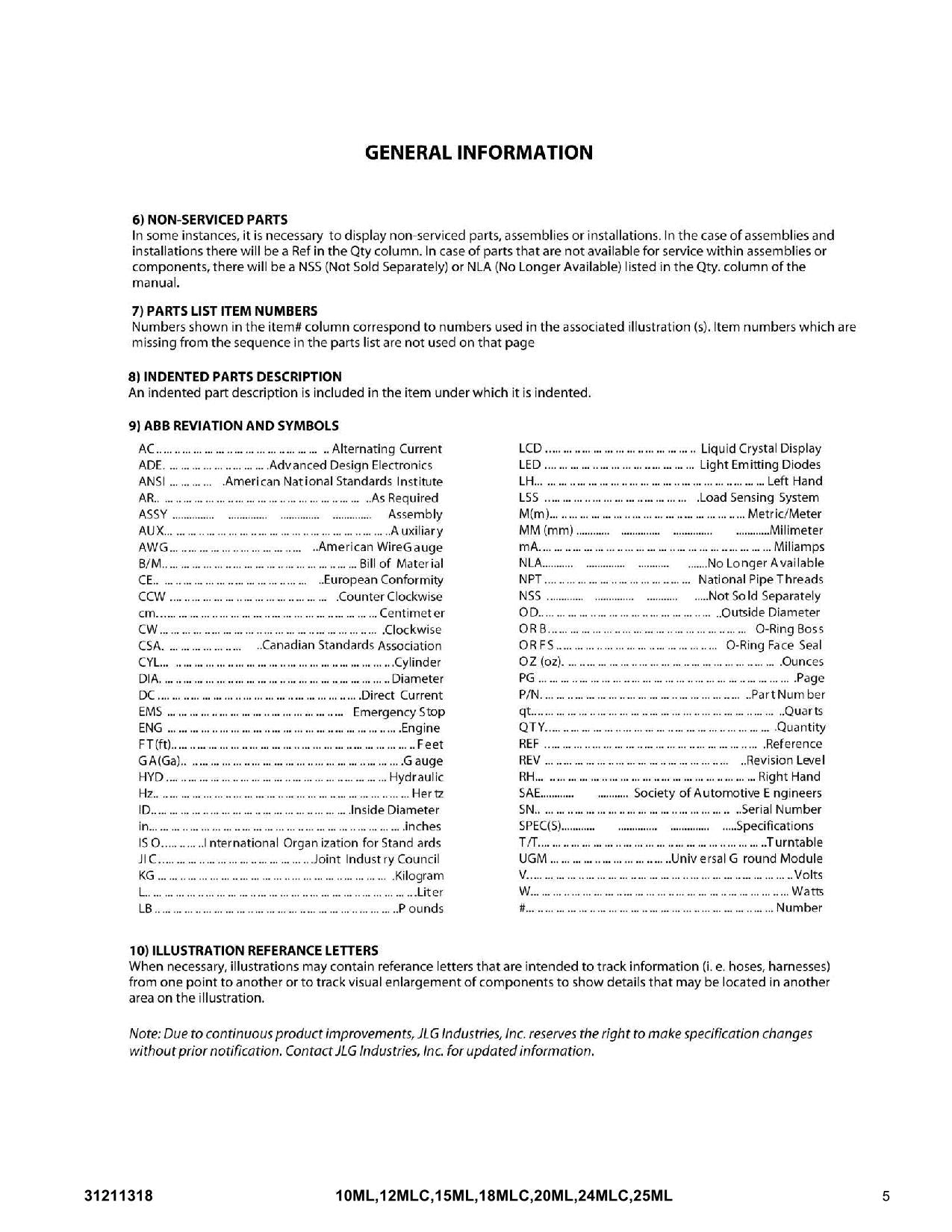 JLG 10ML 12MLC 15ML 18MLC 20ML 24MLC 25ML Vertical Mast Parts Catalog Manual