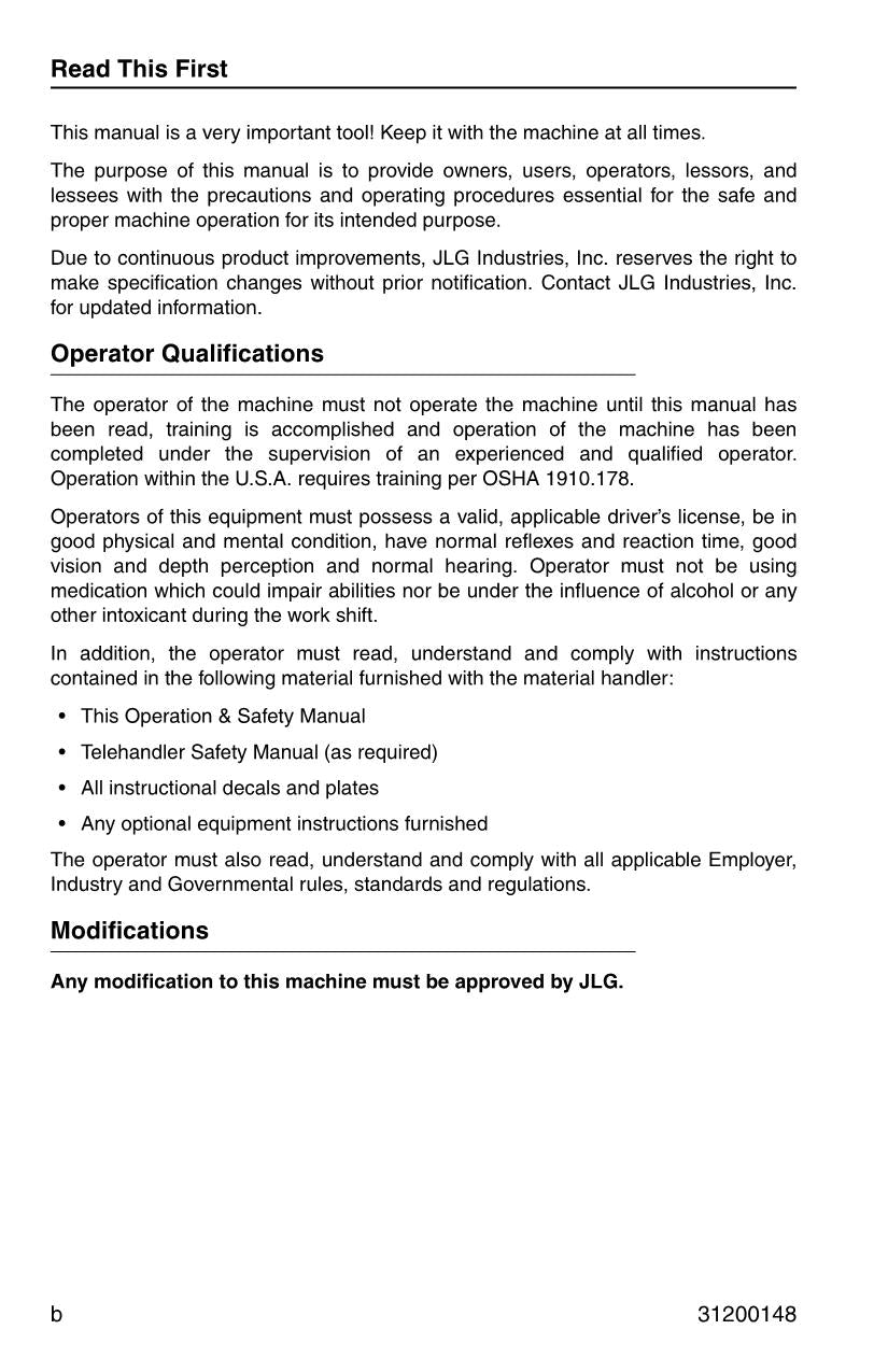 JLG G6-42P Telehandler Maintenance Operation Operators Manual