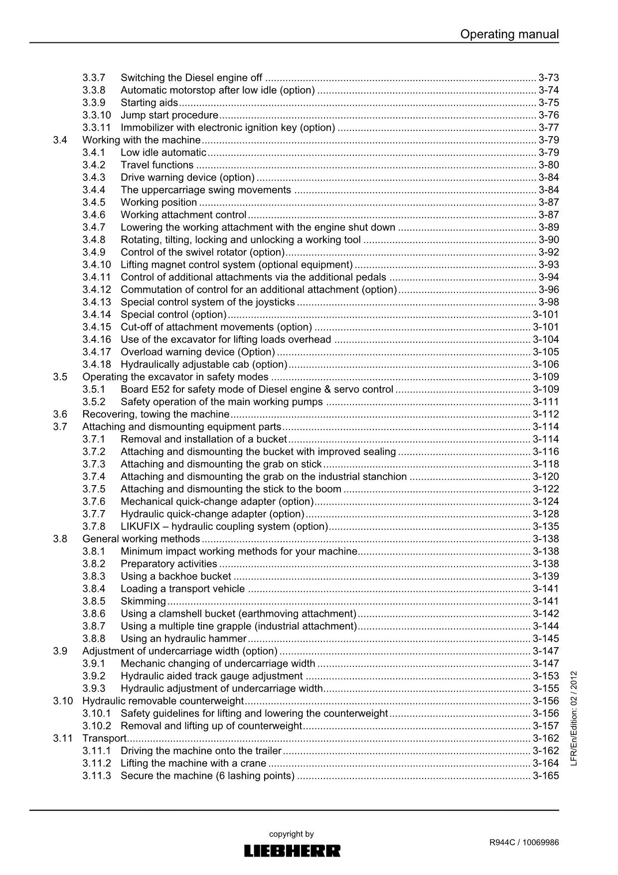 Liebherr R944 C Excavator Operators manual serial 31021