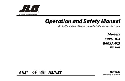 JLG 800S HC3 860SJ HC3 Boom Lift Maintenance Operation Operators Manual 31215889