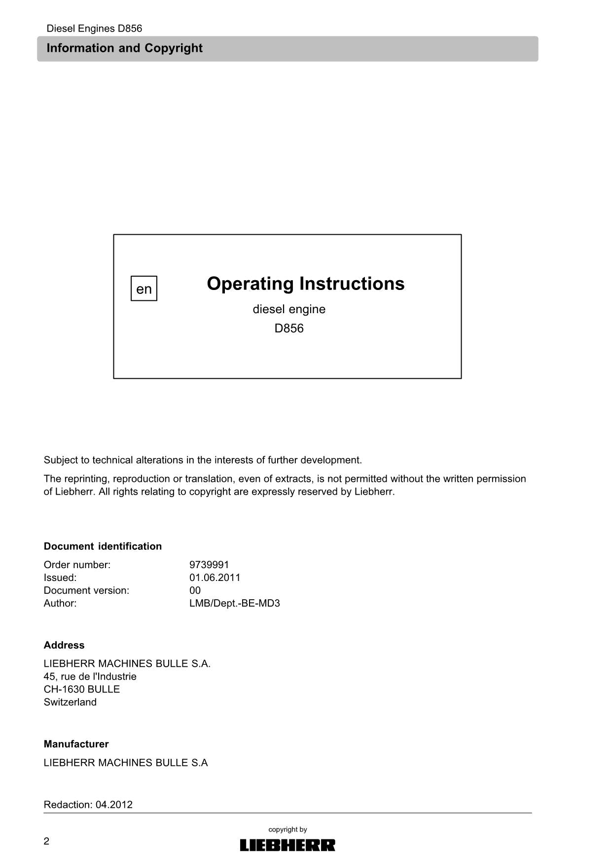 Liebherr D856 engine Operators manual