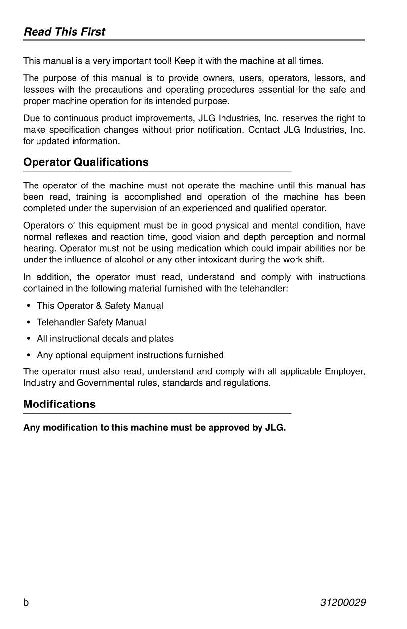 JLG 3513 4013 4017 Telehandler Maintenance Operation Operators Manual 31200029