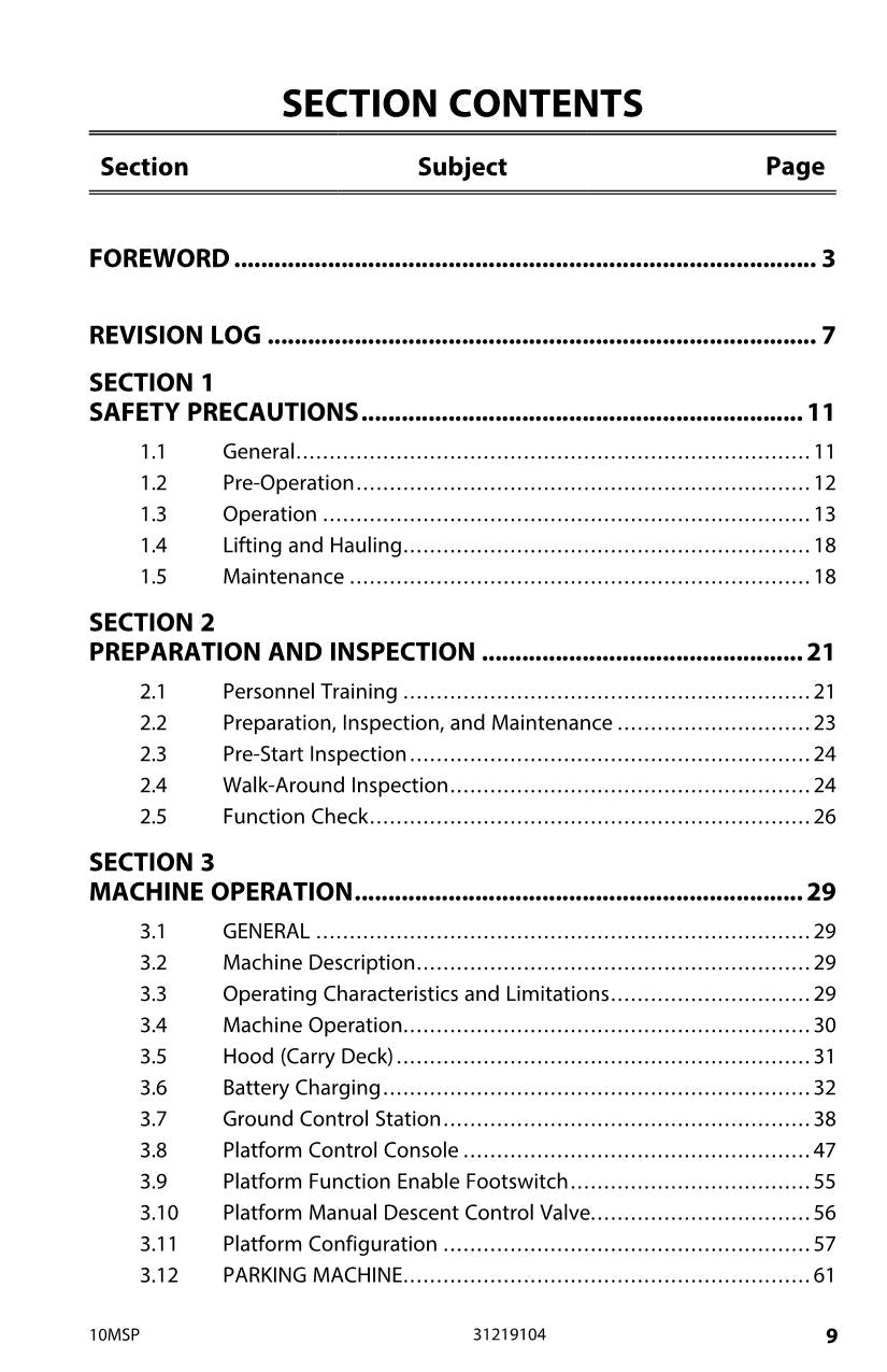 JLG 10MSP Vertical Mast Maintenance Operation Operators Manual 31219104