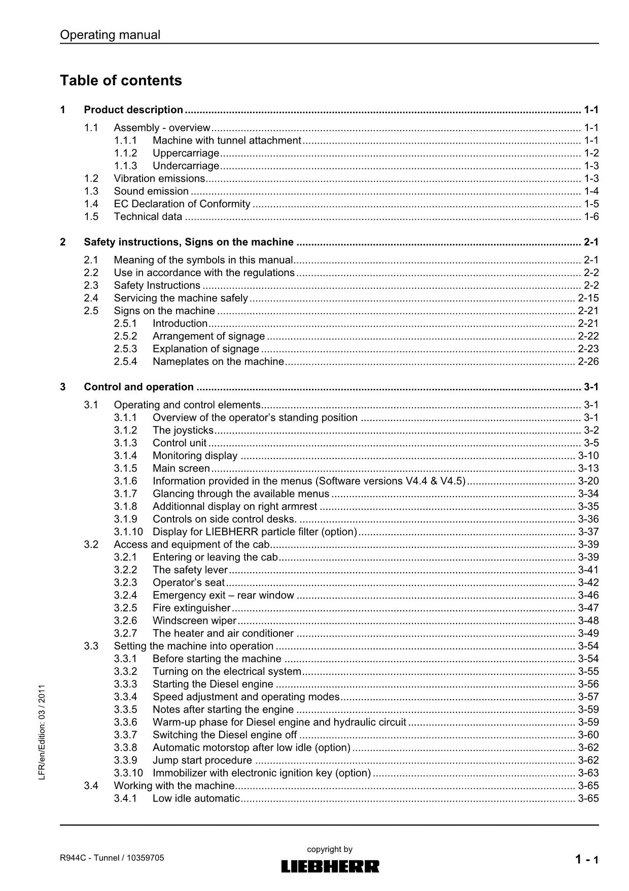 Liebherr R944 C Tunnel Excavator Operators manual serial 31173