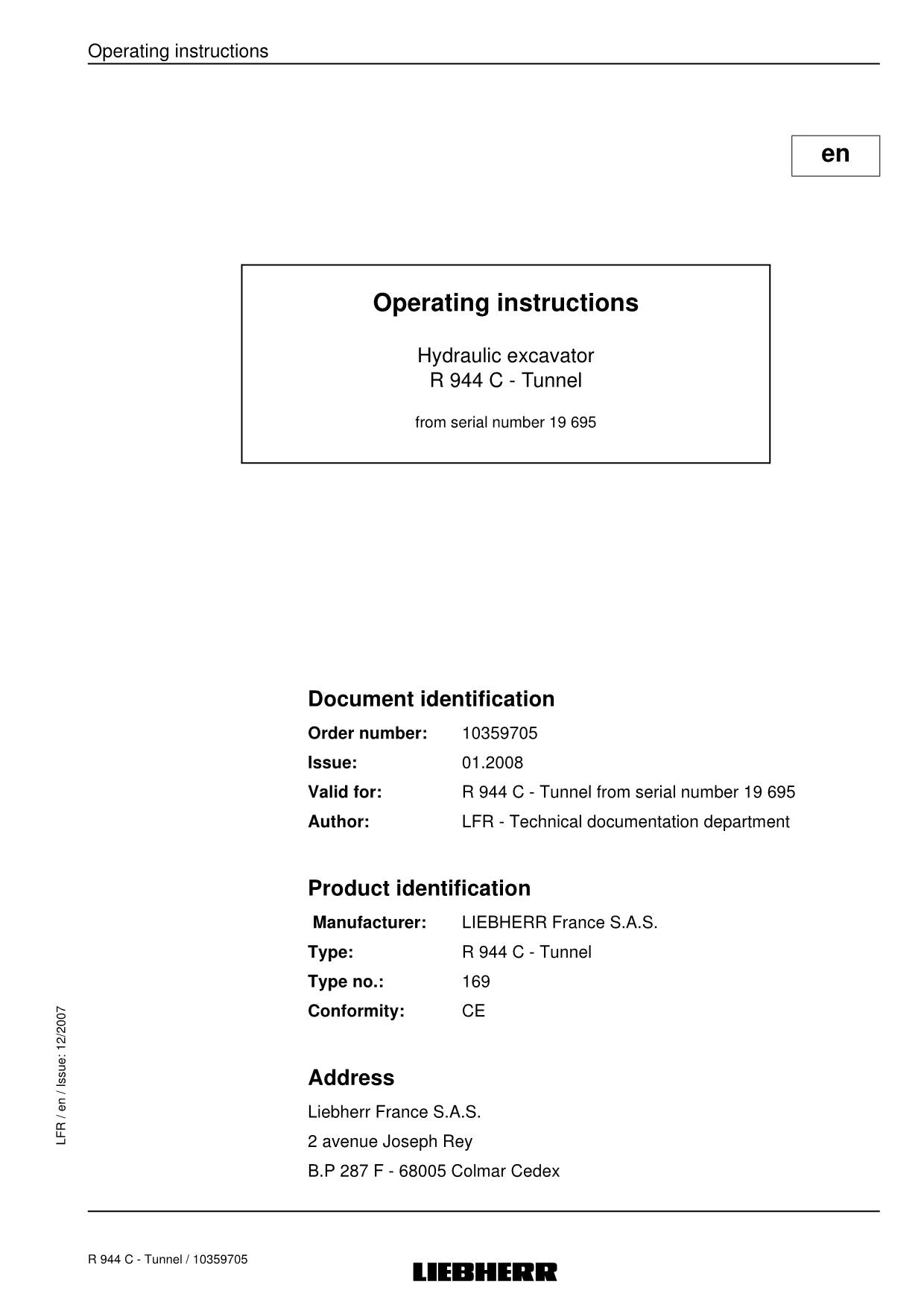 Liebherr R944 C Tunnel Excavator Operators manual serial 19695