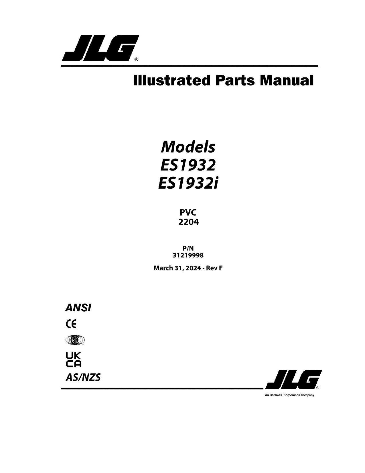 JLG ES1932 ES1932i Scissor Lift Parts Catalog Manual 31219998