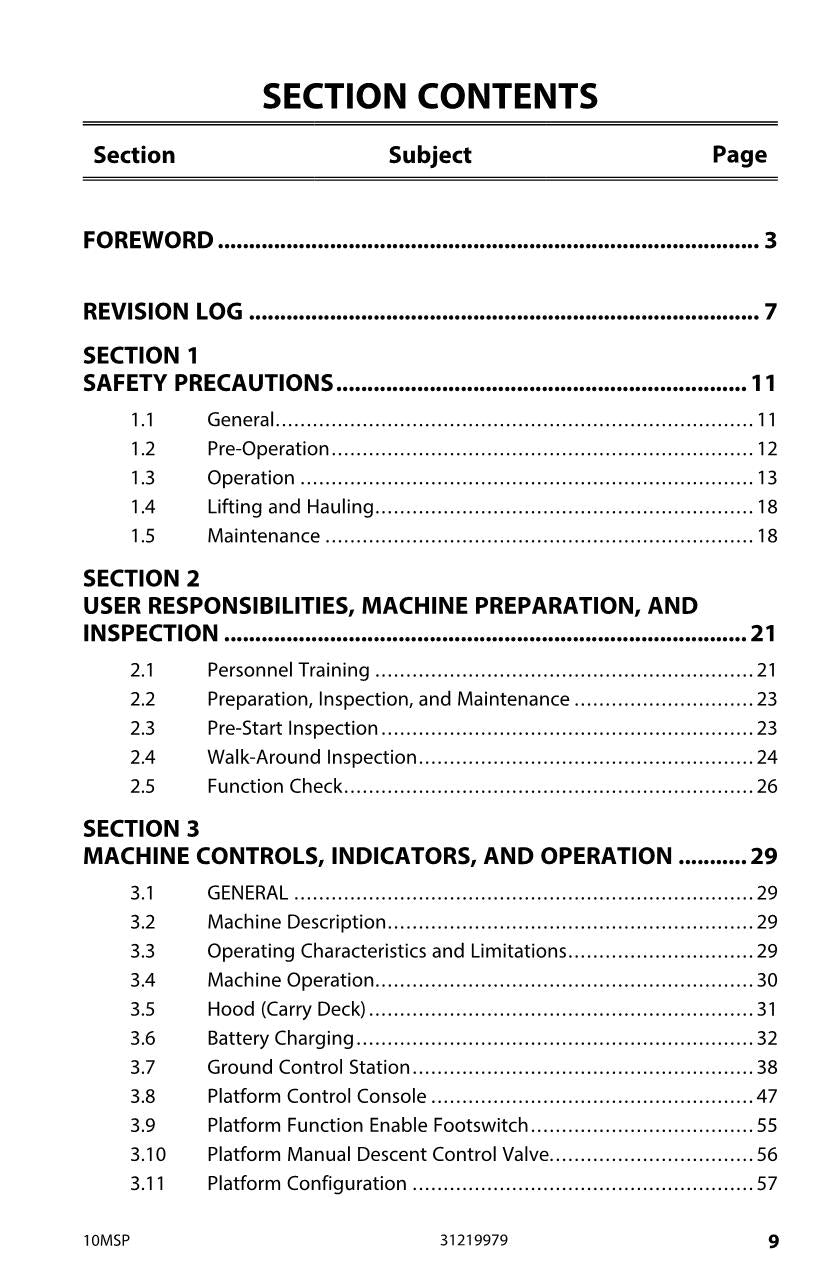 JLG 10MSP Vertical Mast Maintenance Operation Operators Manual 31219979