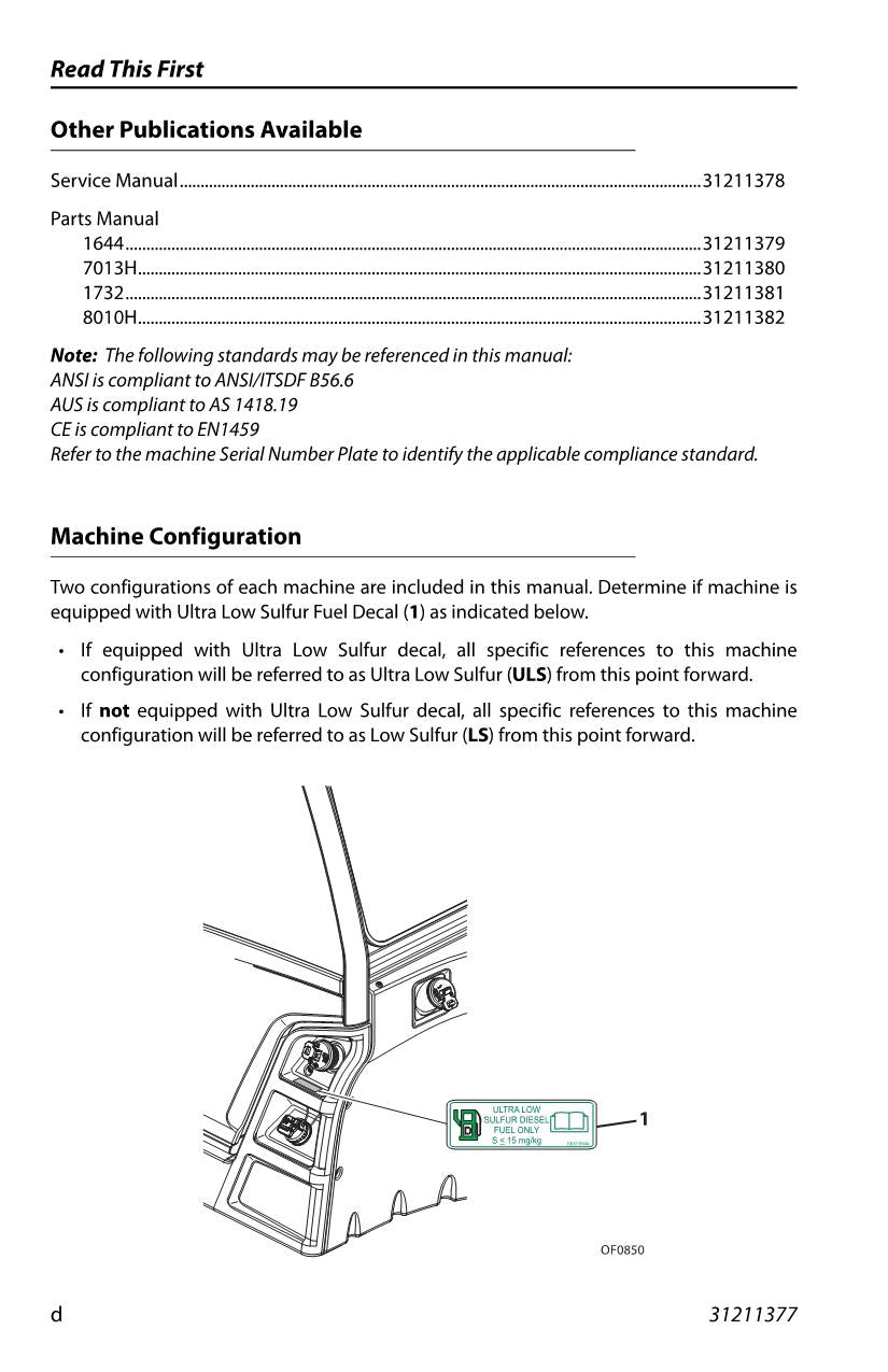 JLG 1644 1732 7013H 8010H Telehandler Maintenance Operators Manual 31211377