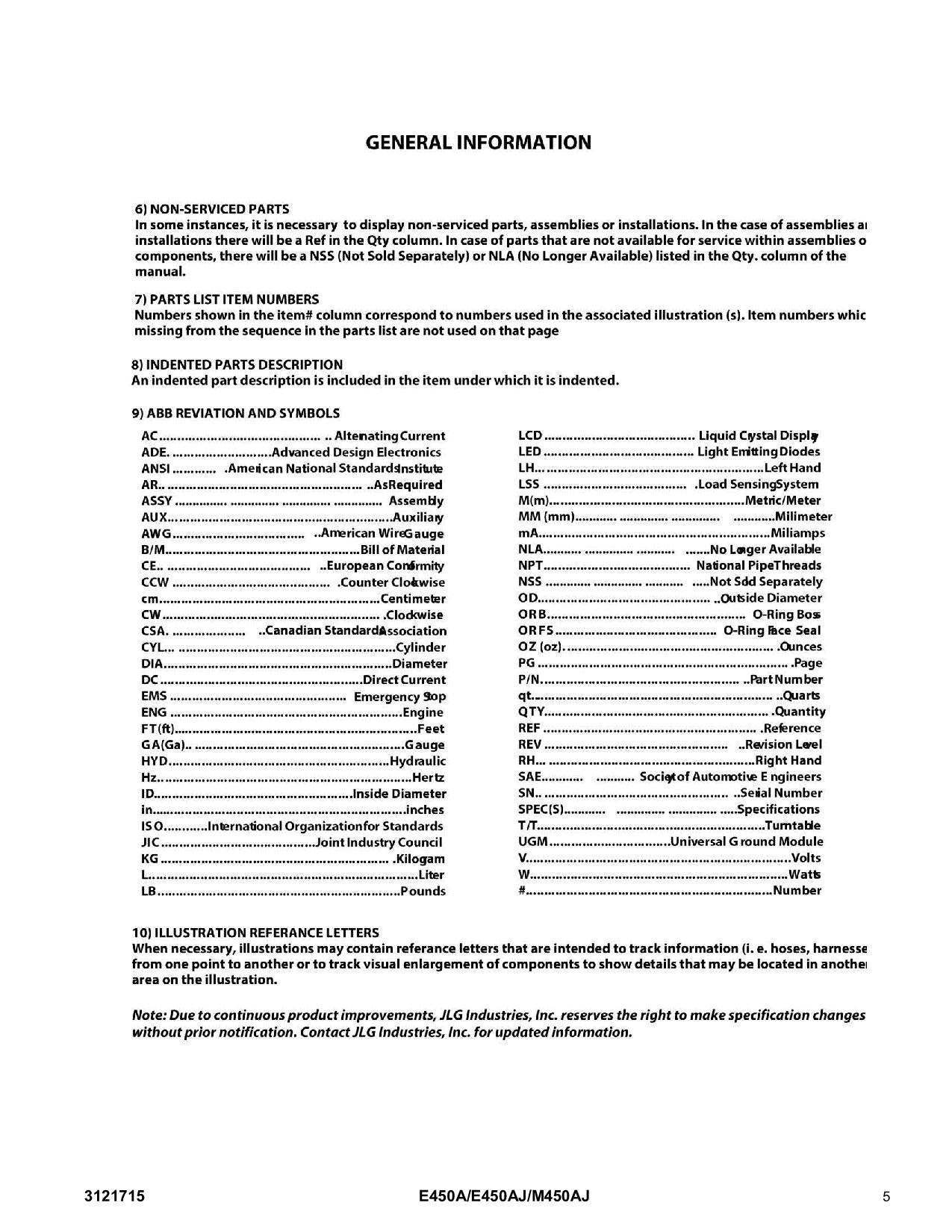 JLG E450A E450AJ M450AJ Boom Lift Parts Catalog Manual 3121715