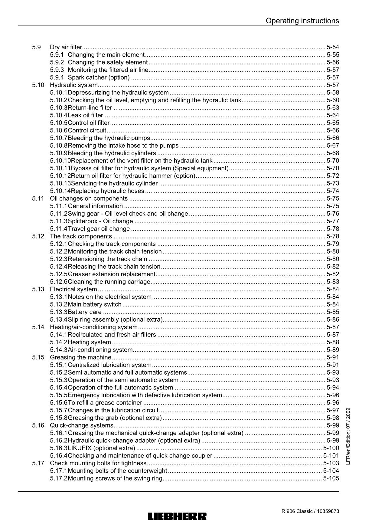 Liebherr R906 Classic Excavator Material handler Operators manual