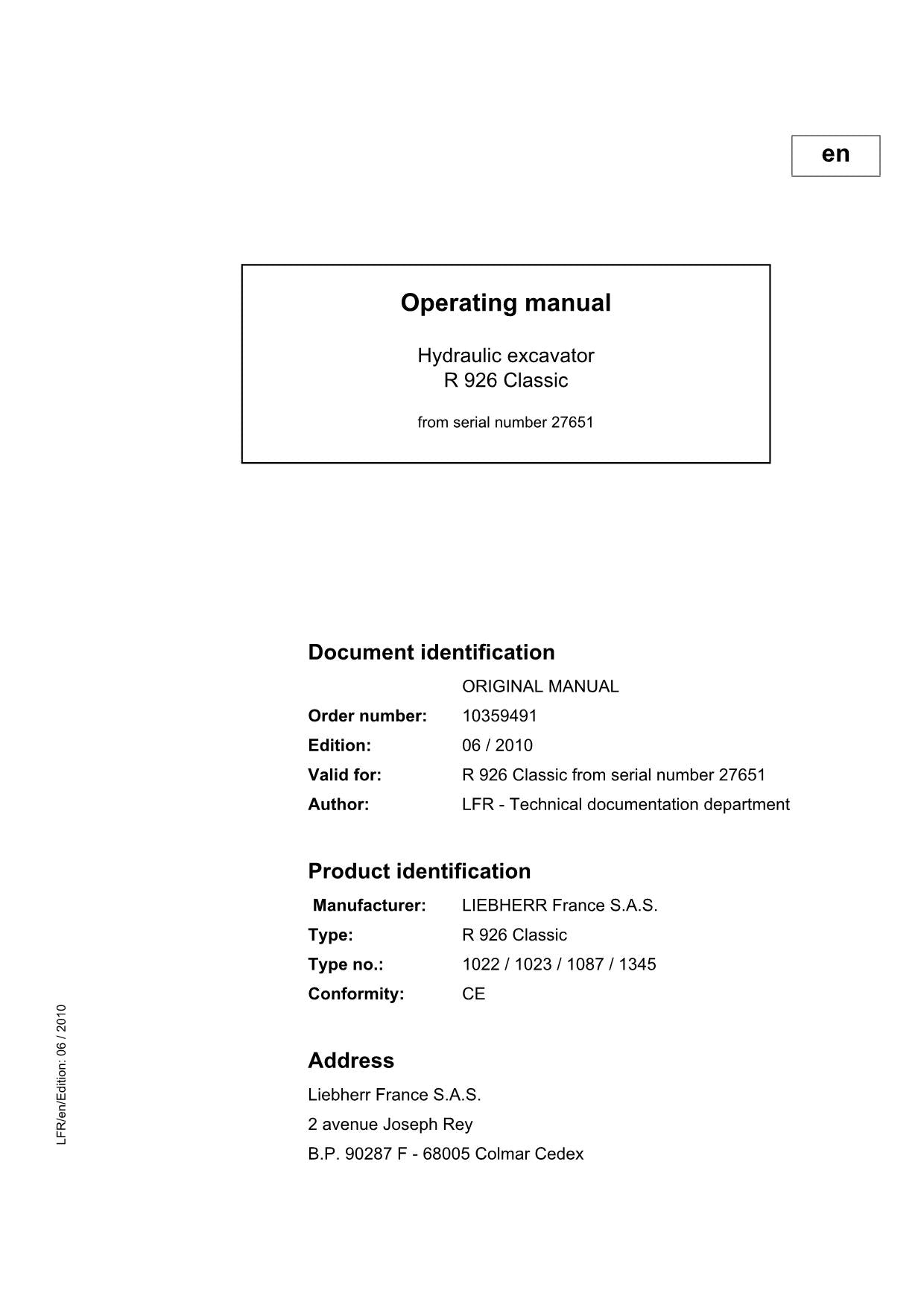 Liebherr R926 Classic Excavator Operators manual serial 27651