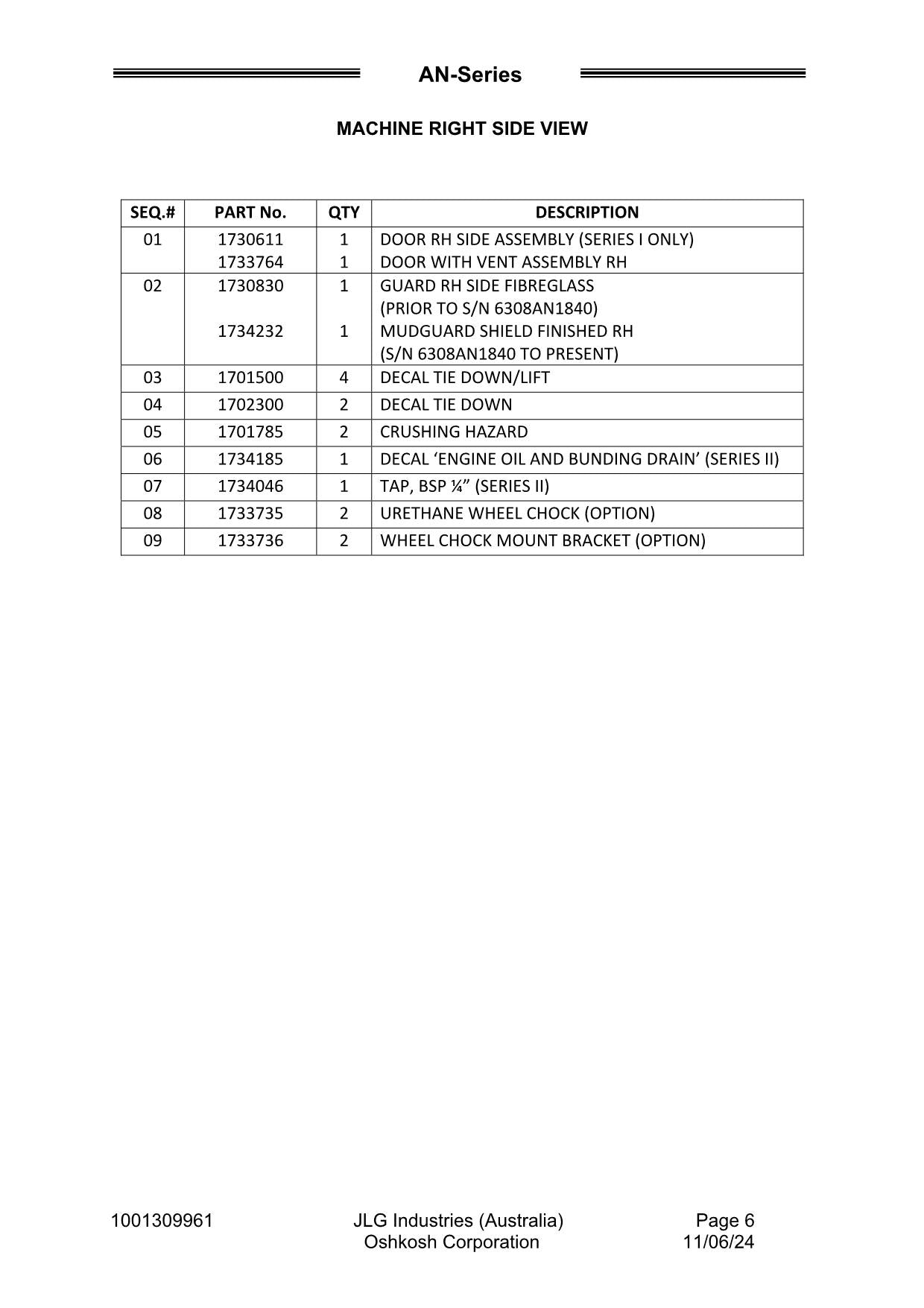 JLG 6308AN 6308AN-6 8308AN 9308AN Series Lighting TOWER Parts Catalog Manual