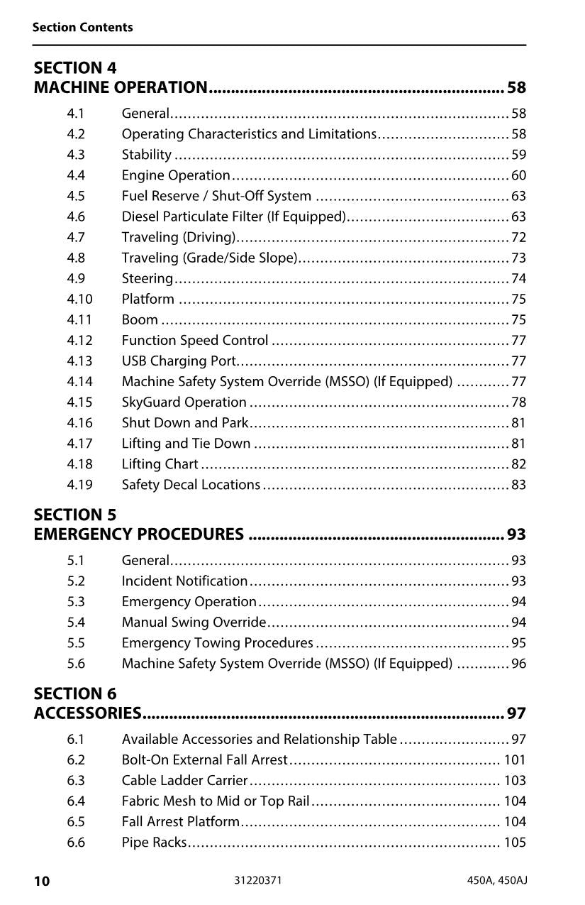 JLG 450A 450AJ Boom Lift Maintenance Operation Operators Manual 31220371