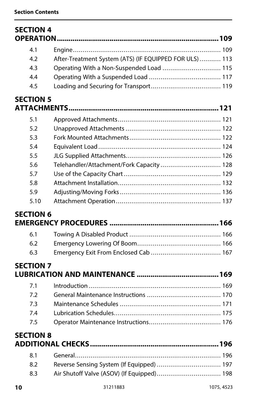 JLG 1075 4523 Telehandler Maintenance Operation Operators Manual 31211883