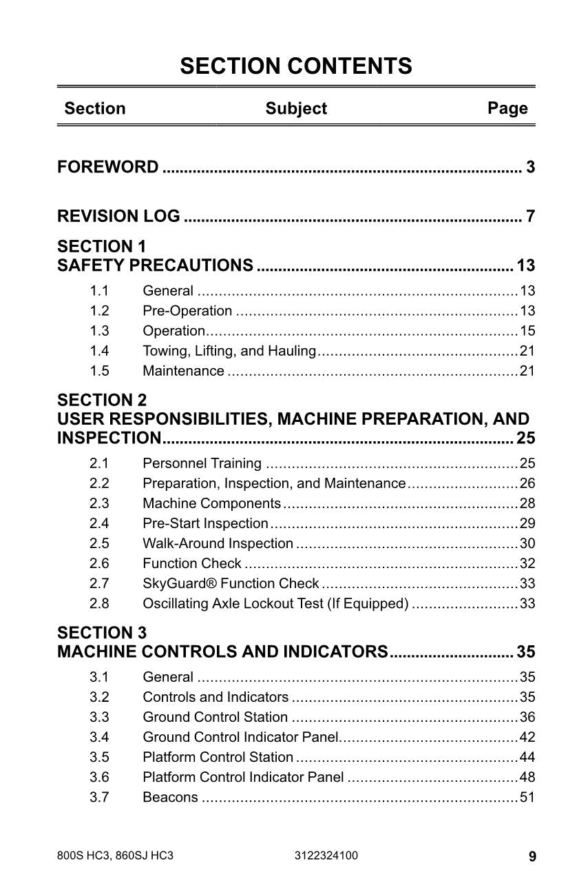 JLG 800S HC3 860SJ HC3 Boom Lift Maintenance Operators Manual 3122324100