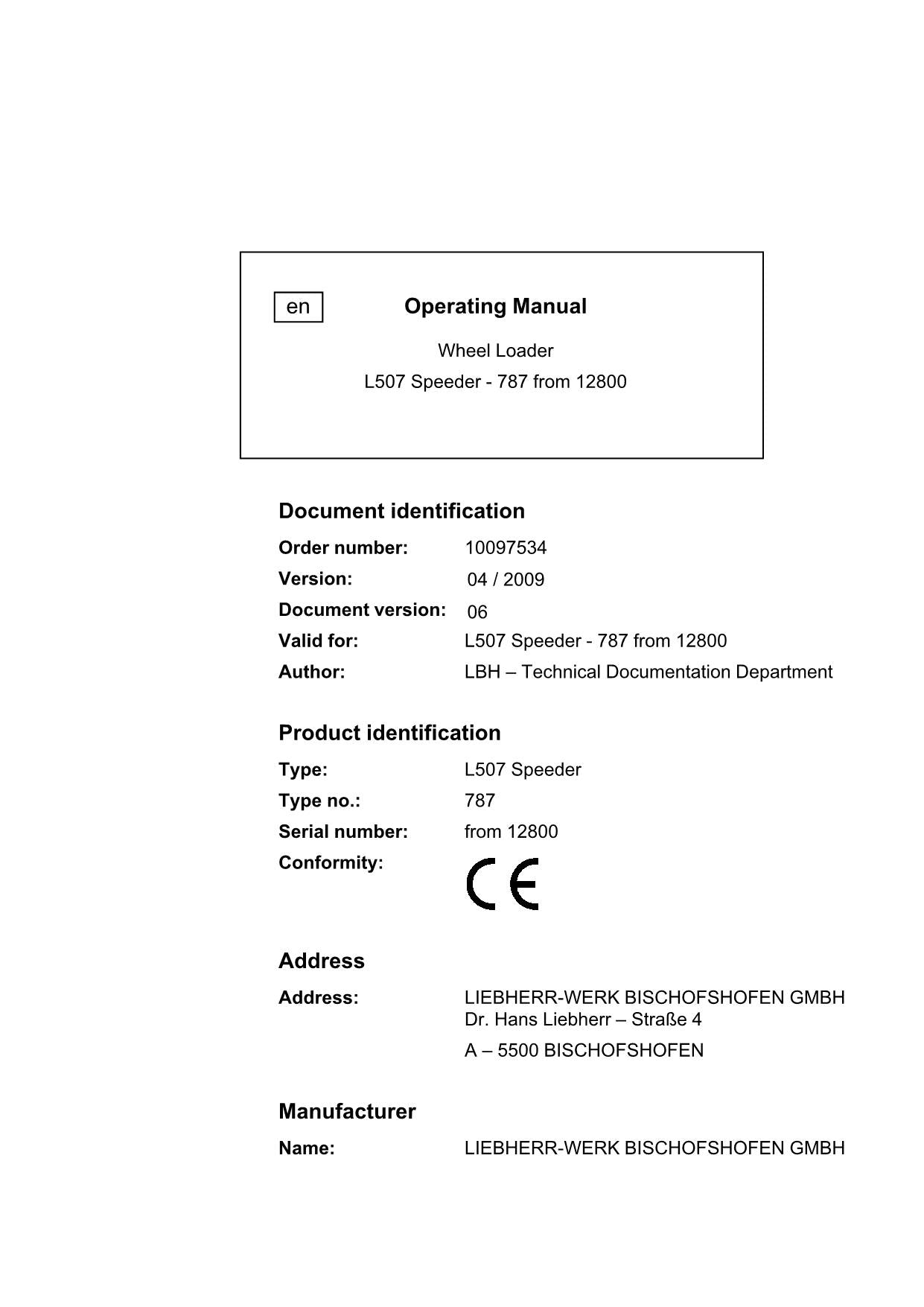 Liebherr L507 Speeder Wheel Loader Operators manual