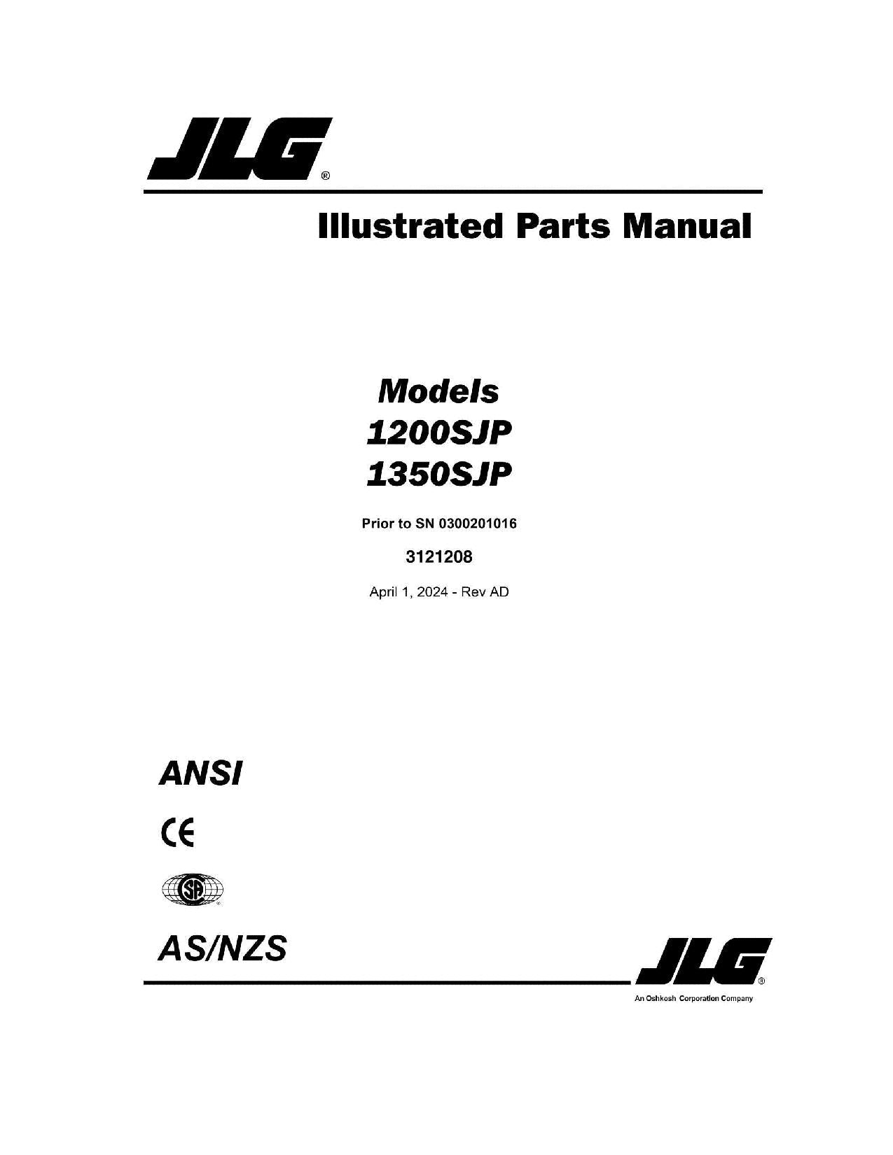 JLG 1200SJP 1350SJP Boom Lift Parts Catalog Manual Prior to 0300201016