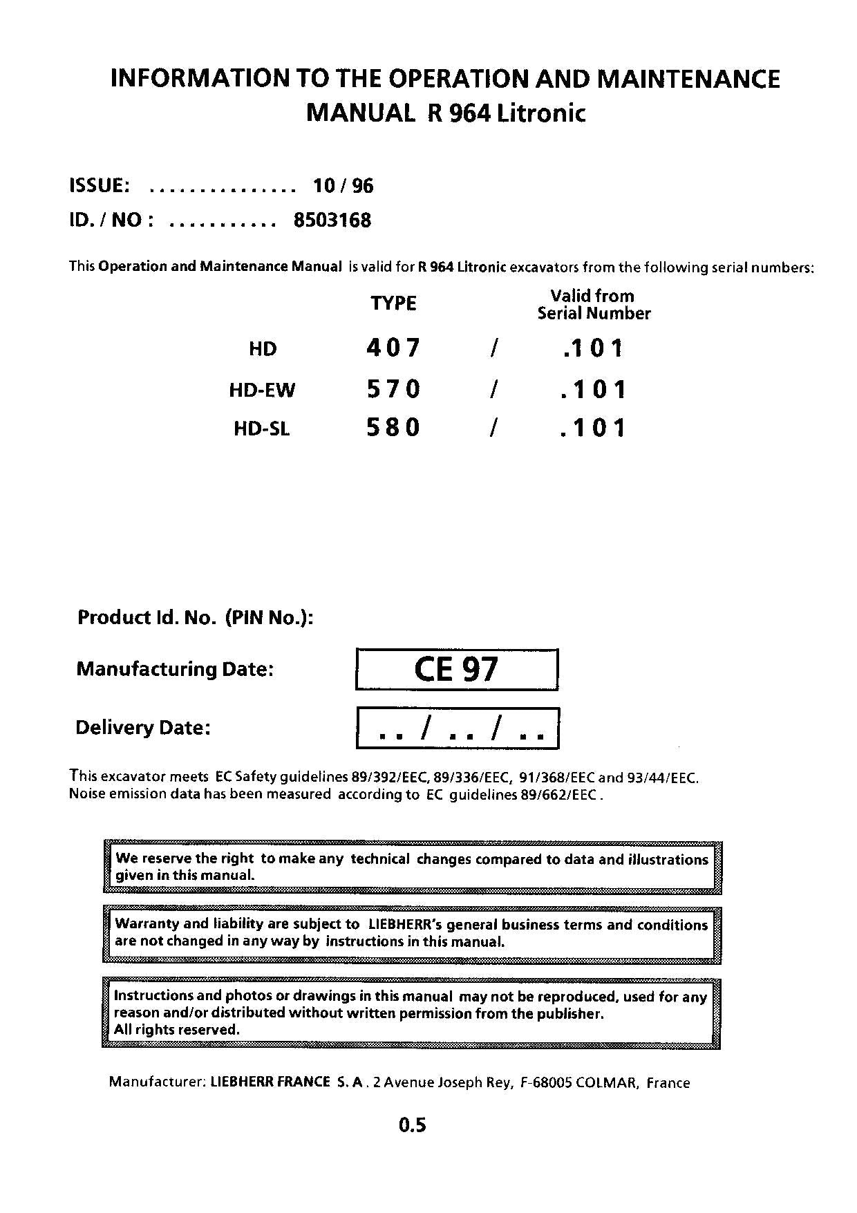 Liebherr R964 Litronic Excavator Operators manual