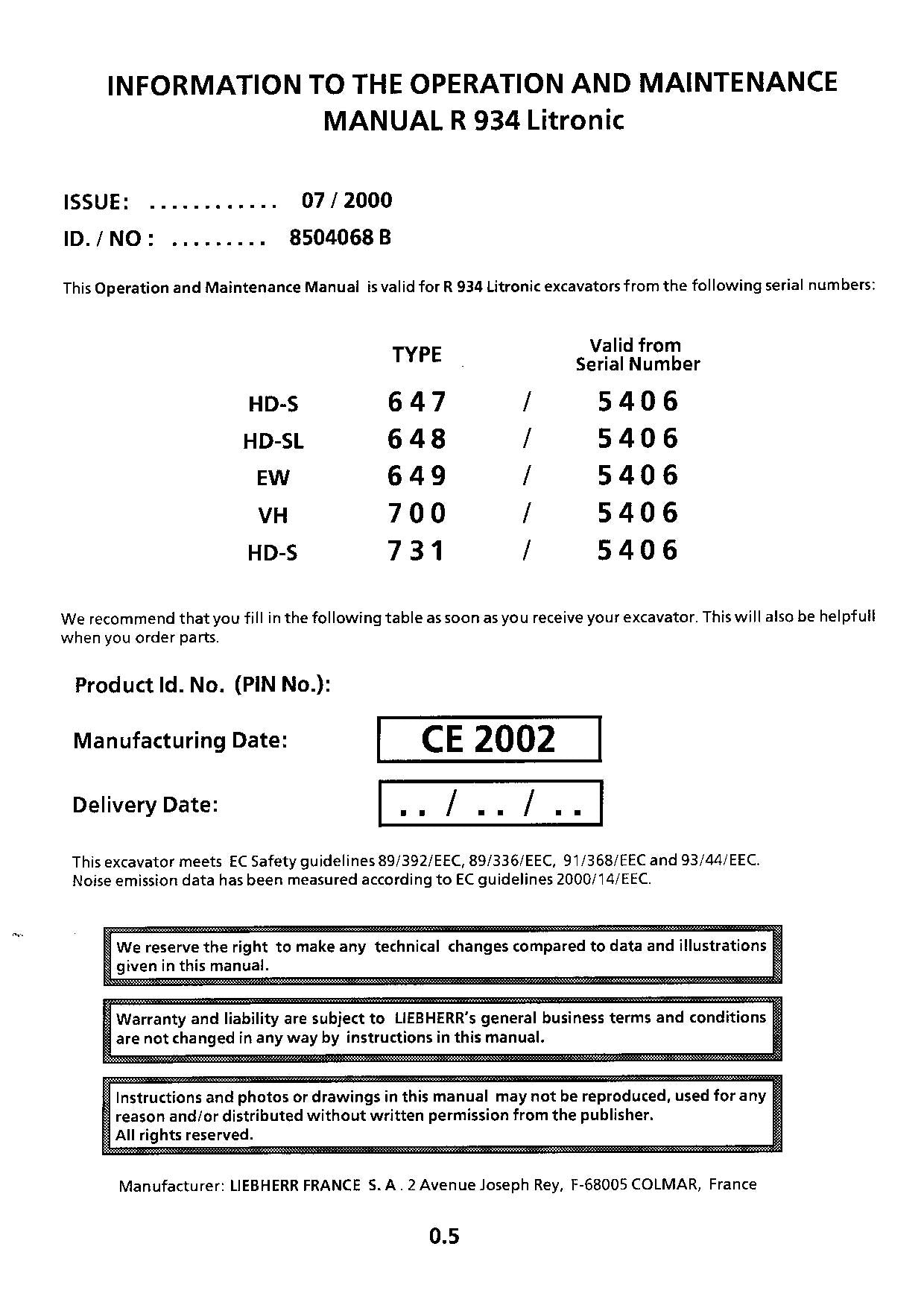 Liebherr R934 Litronic Excavator Operators manual serial 5406