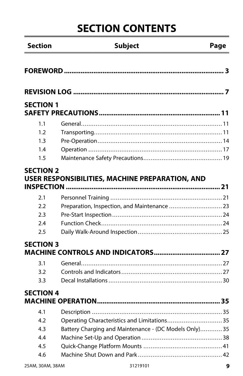 JLG 25AM 30AM 38AM Vertical Mast Maintenance Operation Operators Manual 31219101