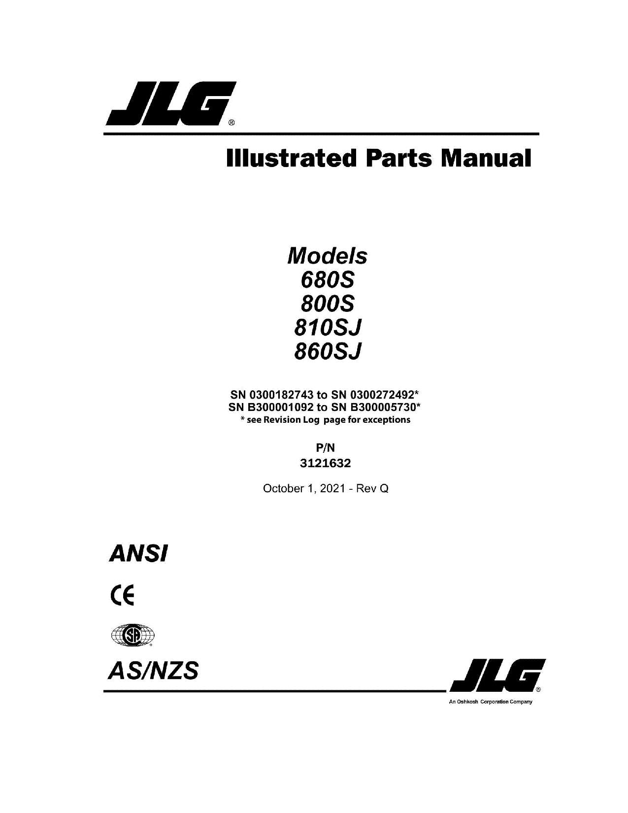 JLG 680S 800S 860SJ Boom Lift Parts Catalog Manual