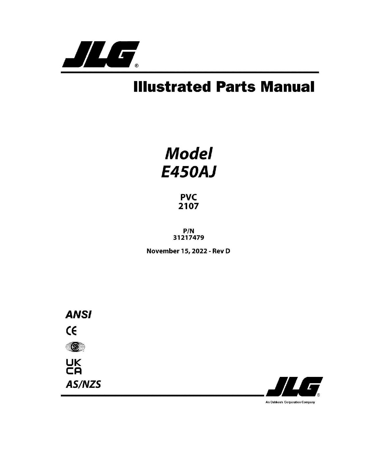 JLG E450AJ  Boom Lift  Parts Catalog Manual