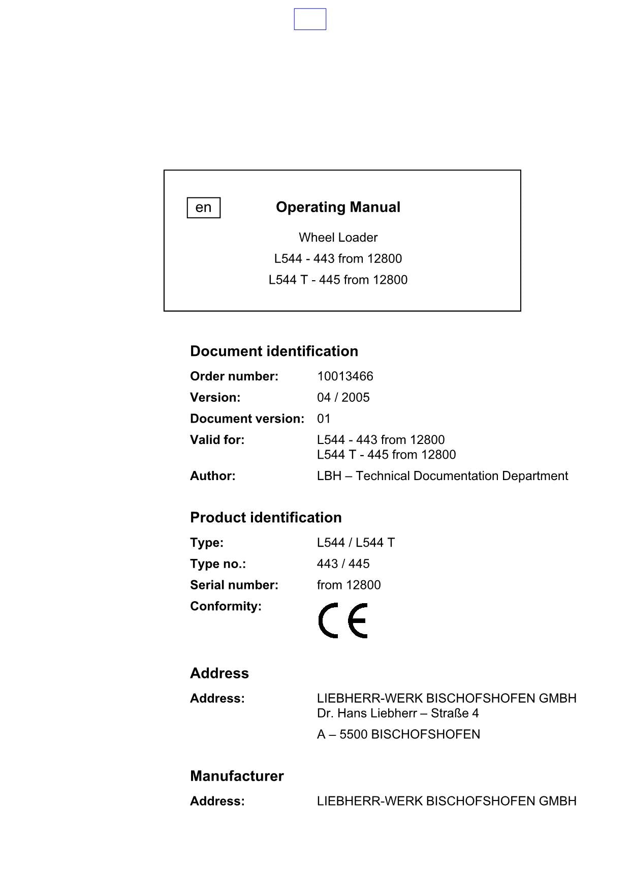 Liebherr L544 L544 T Wheel Loader Operators manual