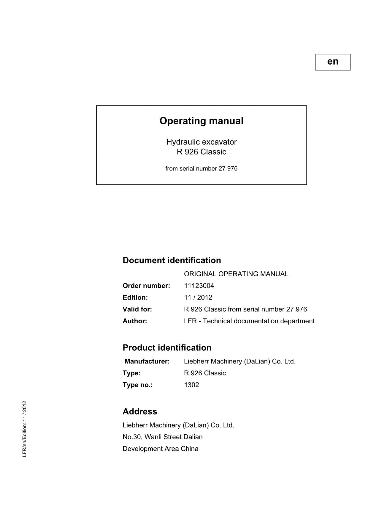 Liebherr R926 Classic Excavator Operators manual serial 27976