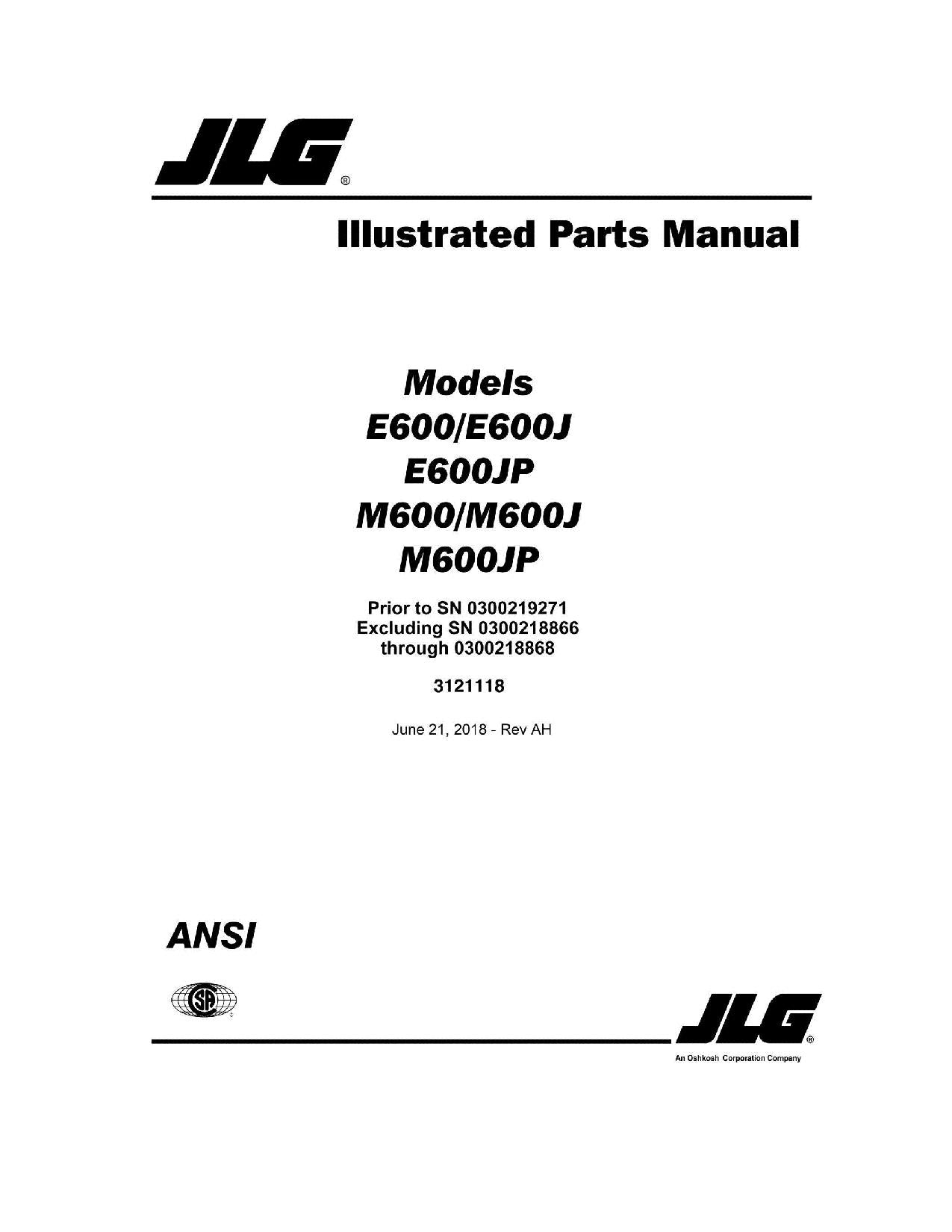 JLG E600 E600J E600JP M600 M600J M600JP Boom Lift Parts Catalog Manual 3121118