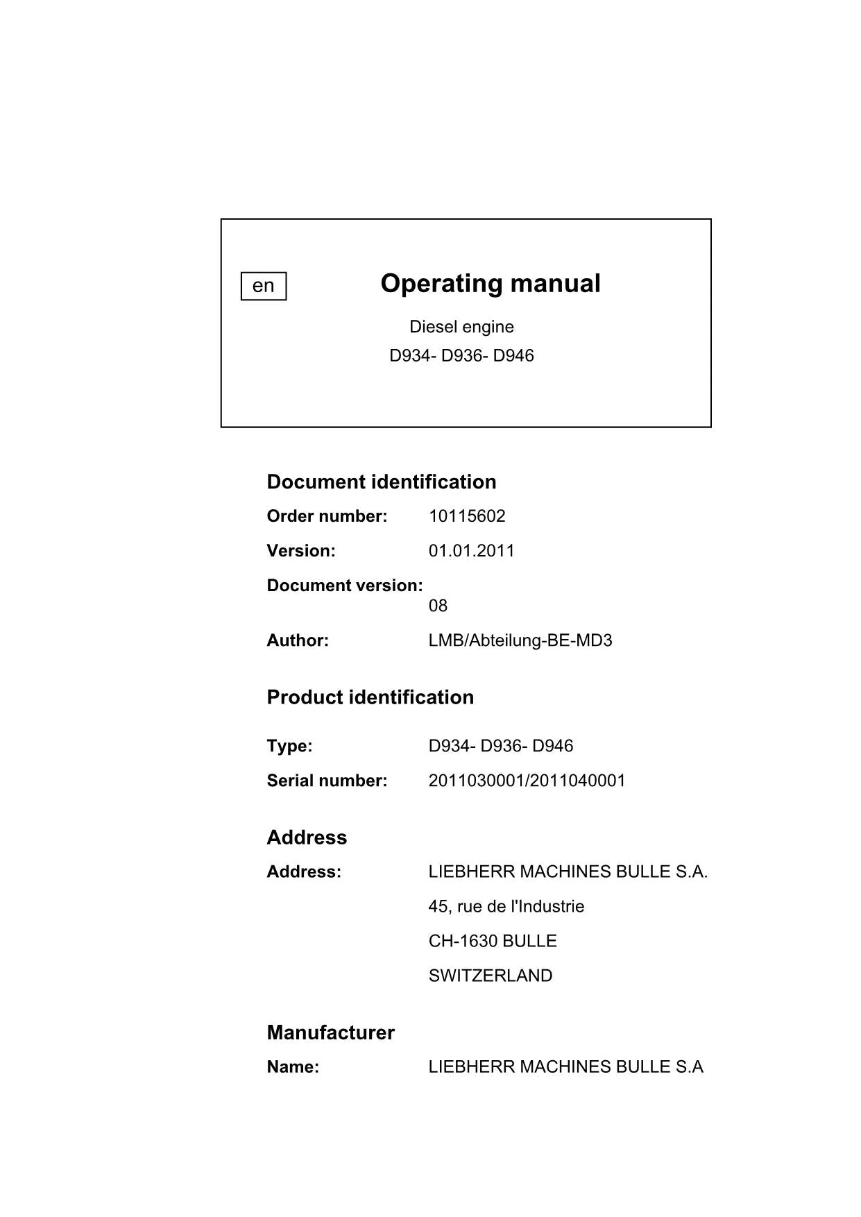 Liebherr D934 - D936 - D946 engine Operators manual