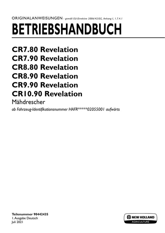 New Holland CR8 90 CR9 90 Revelation Mähdrescher Betriebsanleitung 90442435