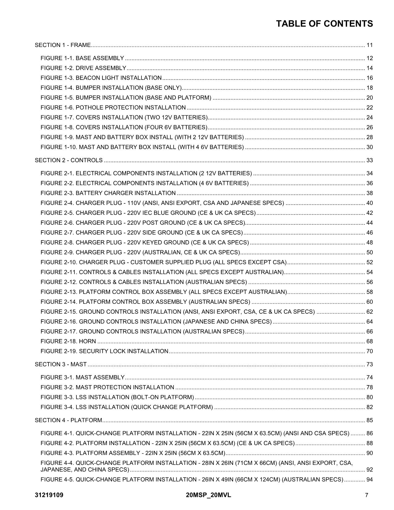 JLG 20MSP 20MVL Vertical Mast Parts Catalog Manual