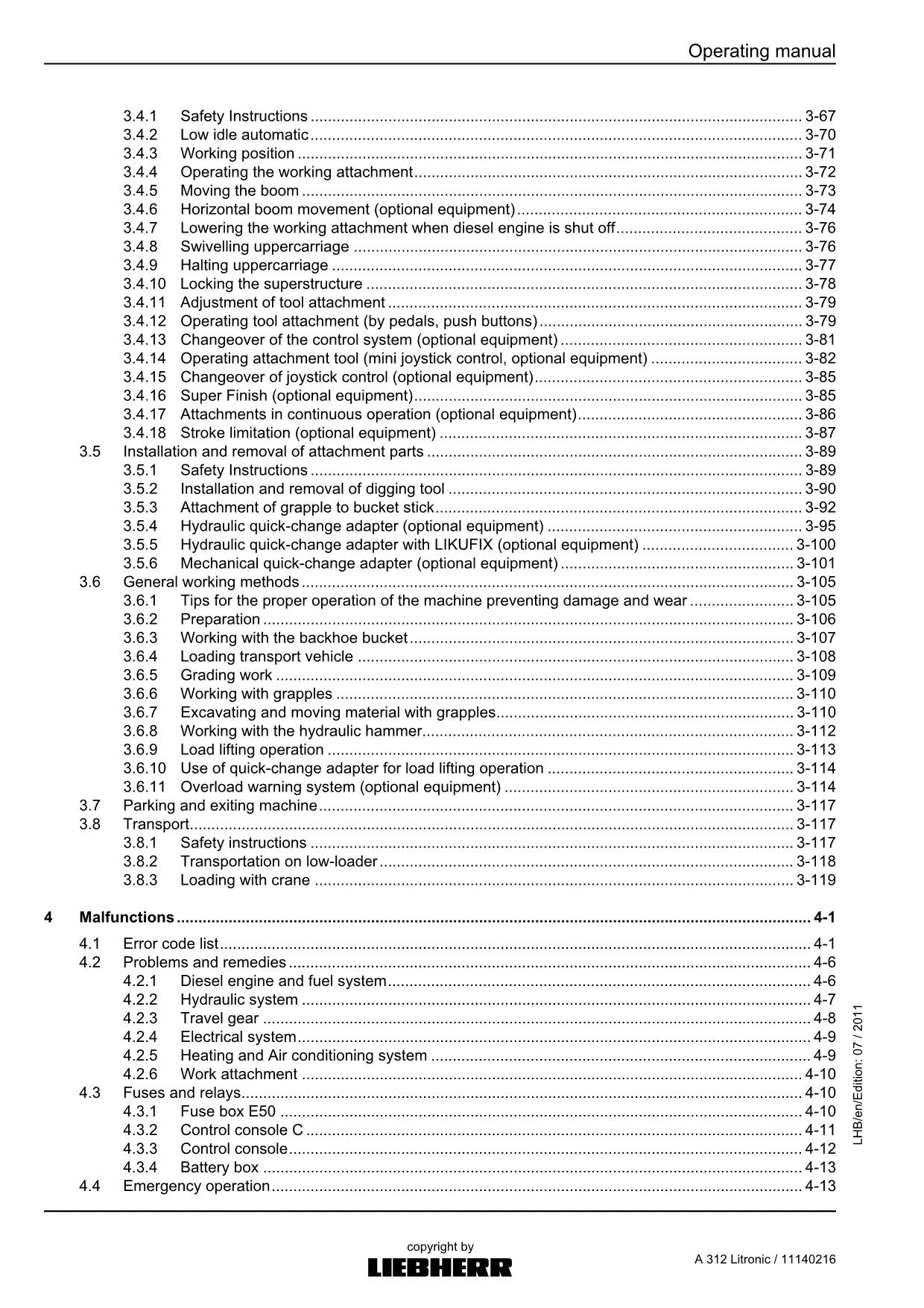 Liebherr A312 Litronic Excavator Operators manual