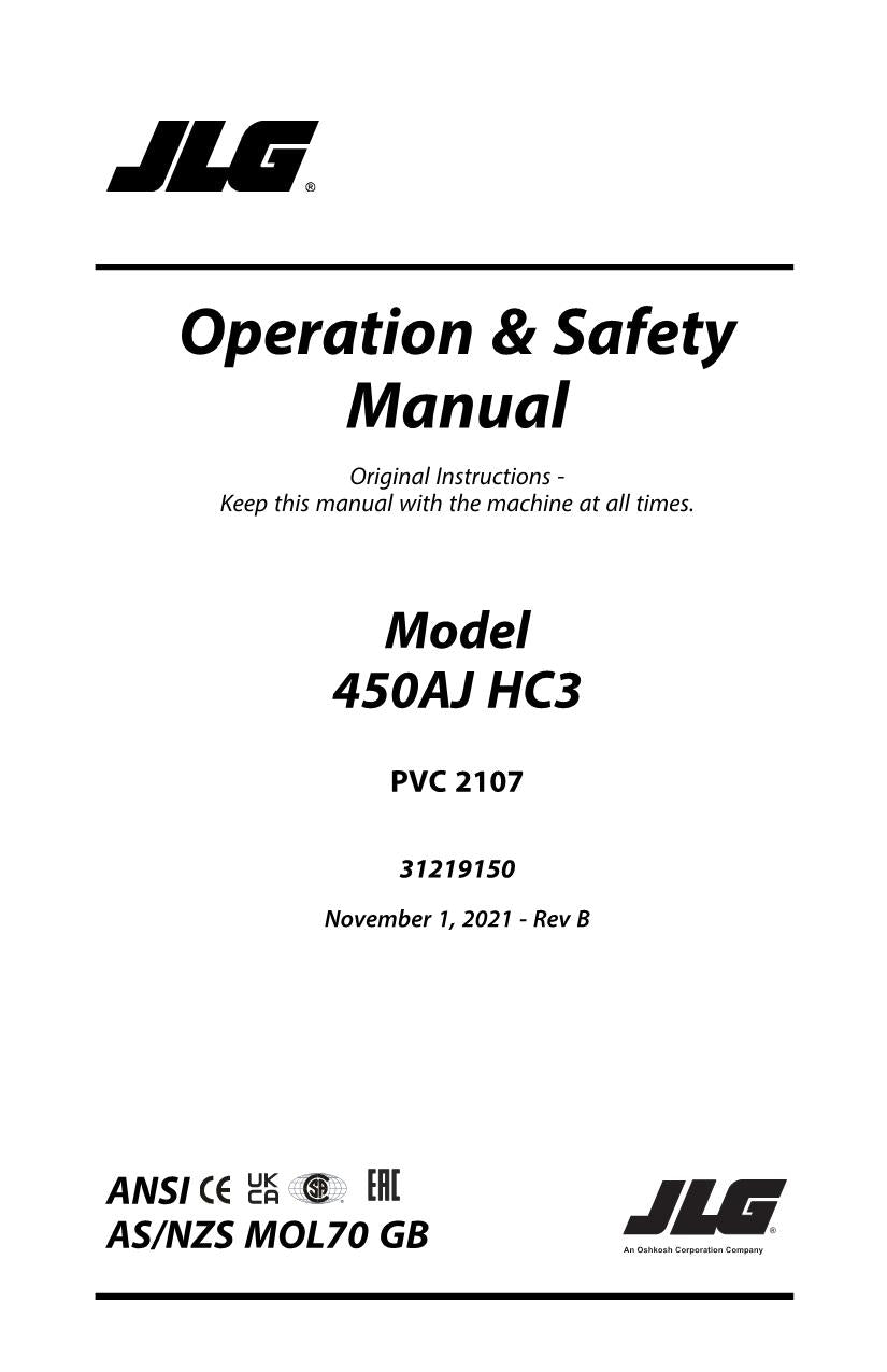 JLG 450AJ HC3 Boom Lift Maintenance Operation Operators Manual 31219150