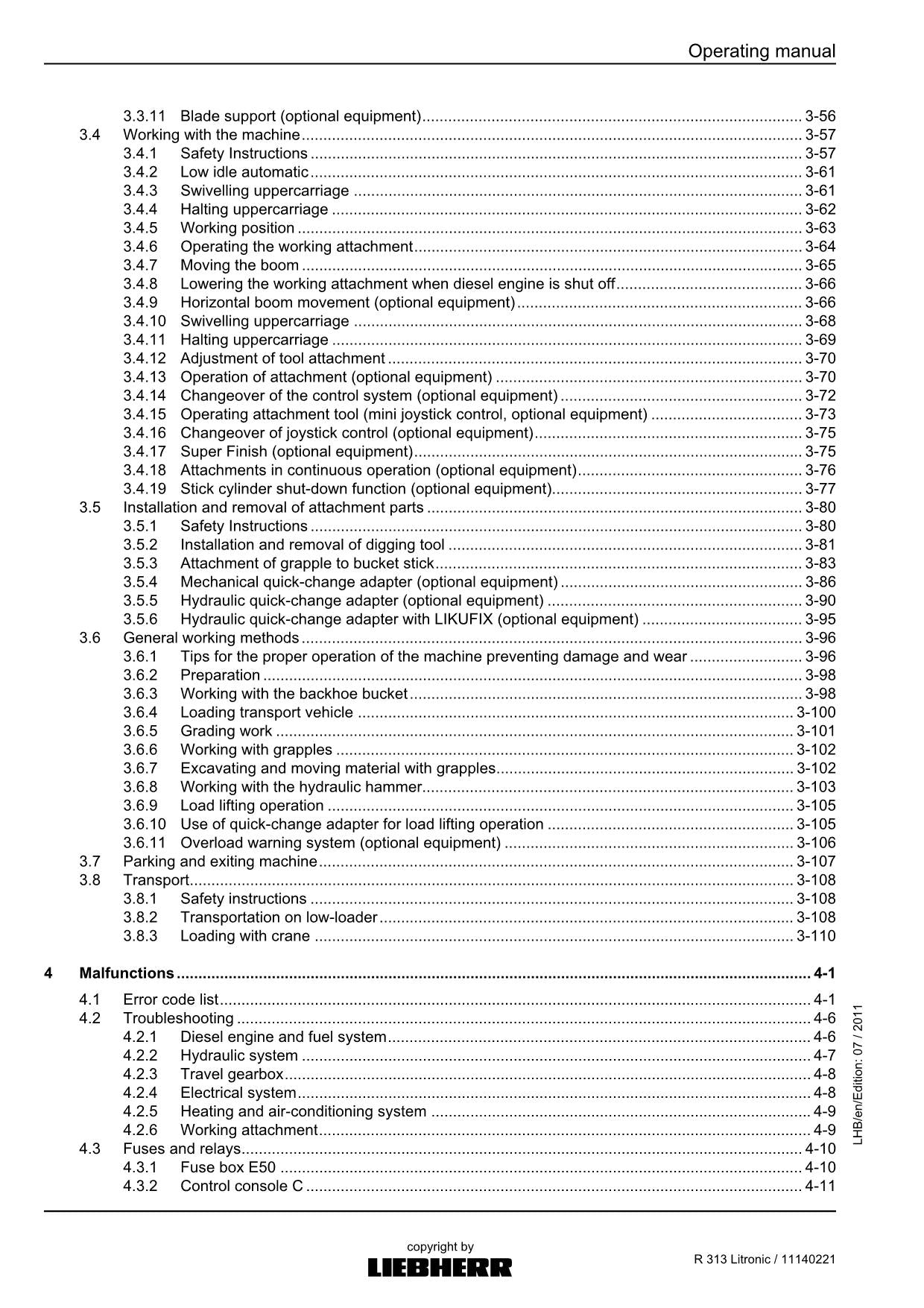 Liebherr R313 Litronic Excavator Operators manual serial 57082