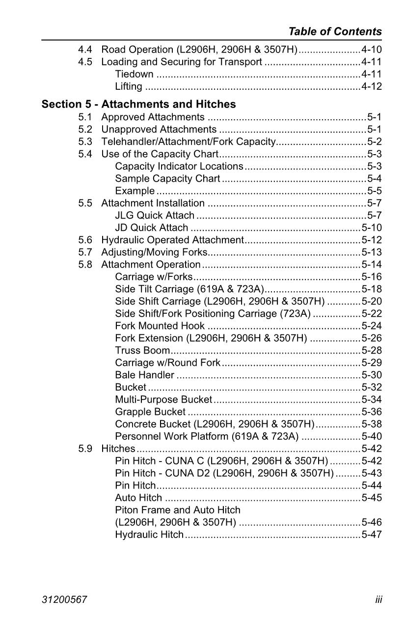 JLG 2906H 3507H 619A 723A L2906H Telehandler Operators Manual