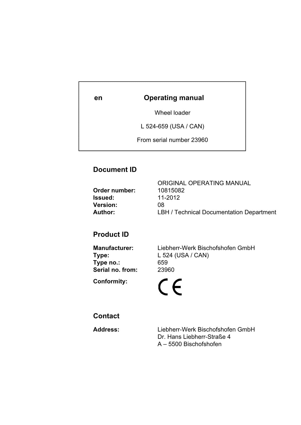 Liebherr L524-659 (USA CAN) Wheel Loader Operators manual