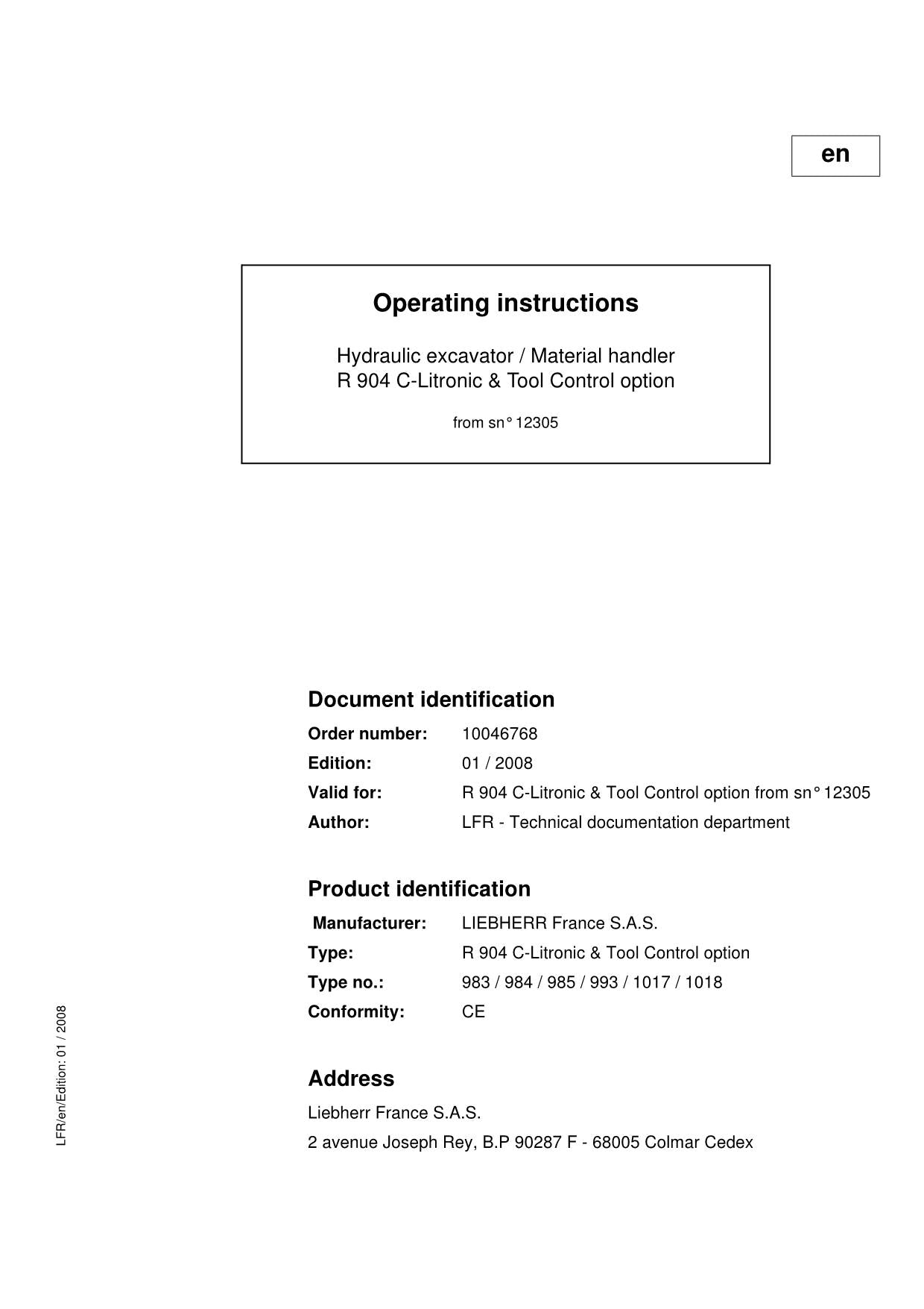 Liebherr R904 C Litronic Excavator Material handler Operators manual