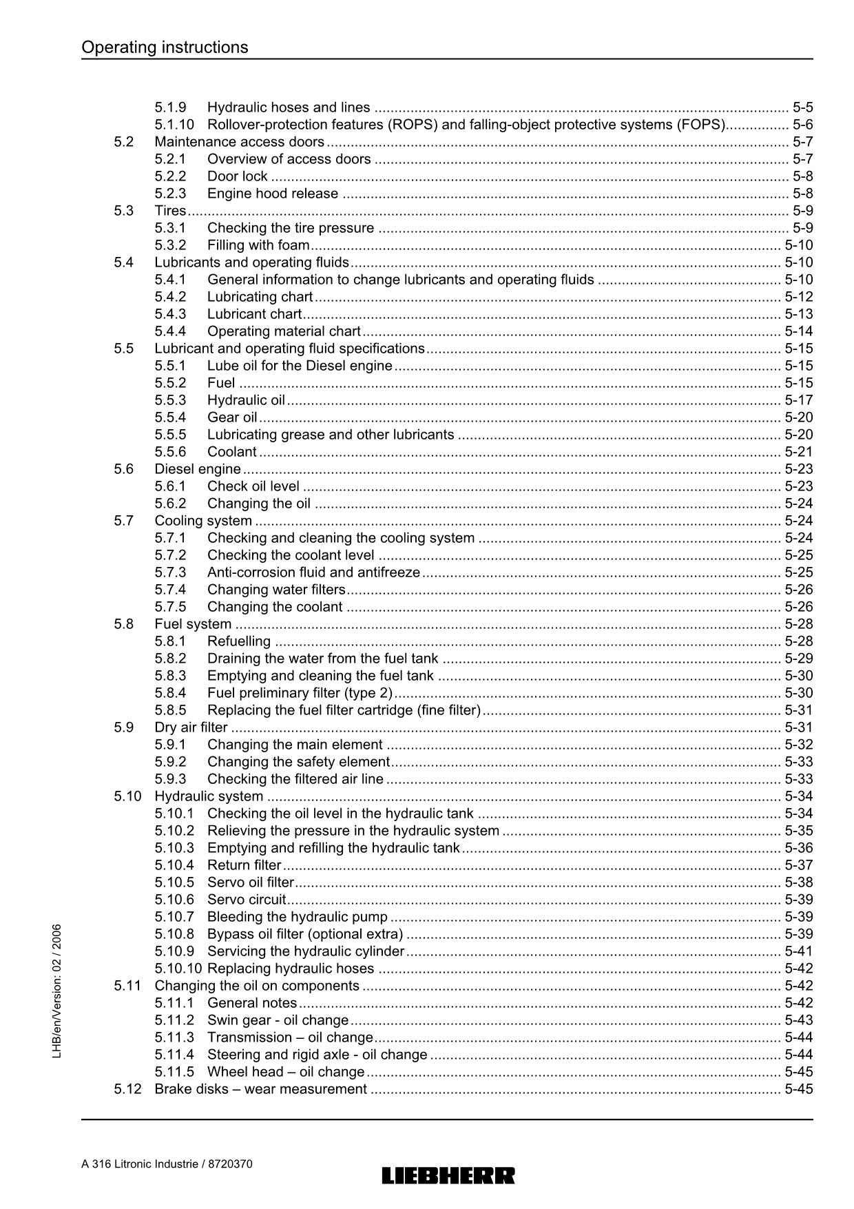 Liebherr A316 Litronic Industrie Excavator  Operators manual