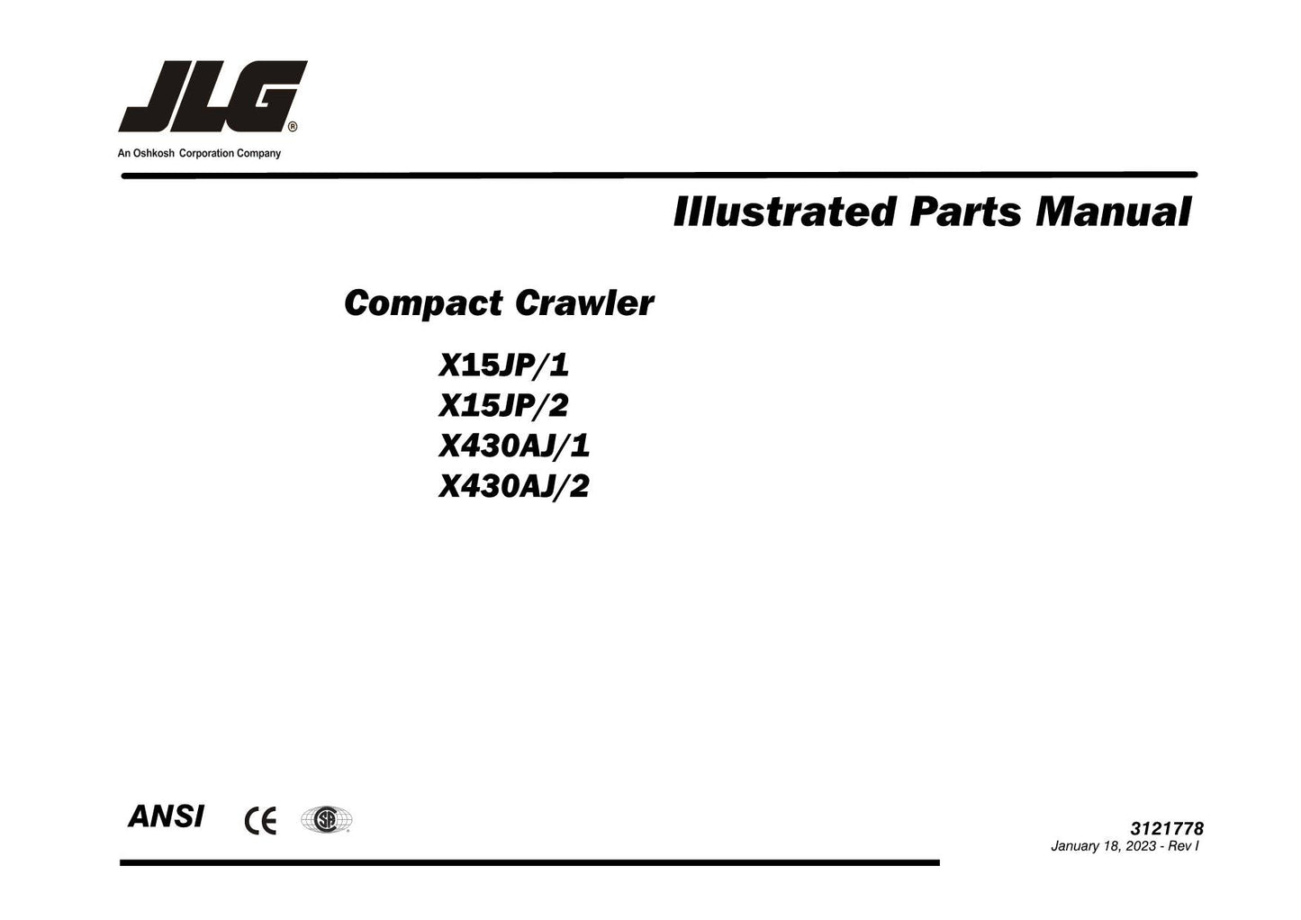 JLG GEN1 X15JP GEN1 430AJ Compact Crawler Boom Parts Catalog Manual Multi lang