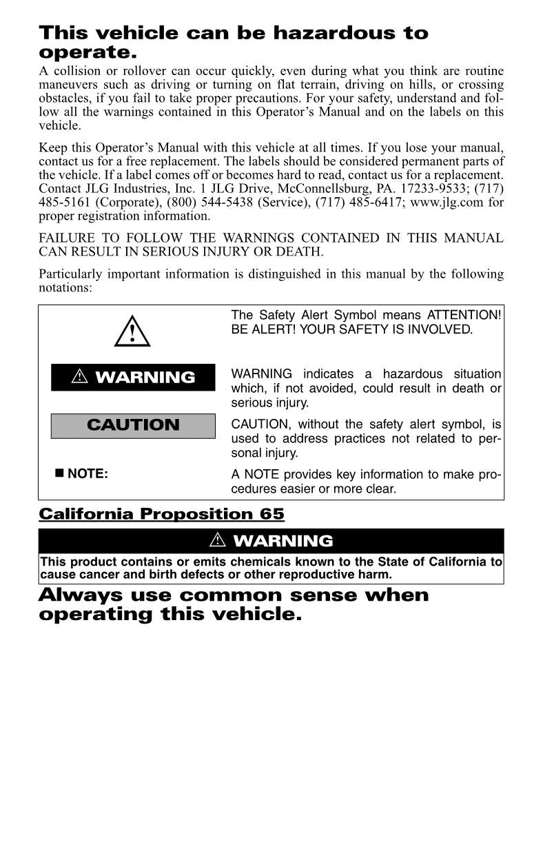 JLG 315G 615G UTV Maintenance Operation Operators Manual