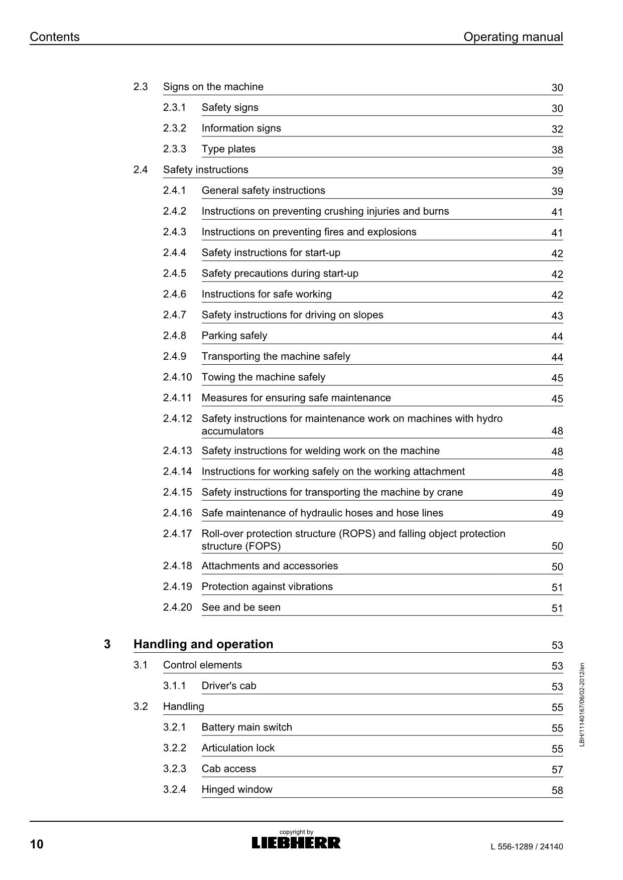 Liebherr L556-1289 Wheel Loader Operators manual serial 24140