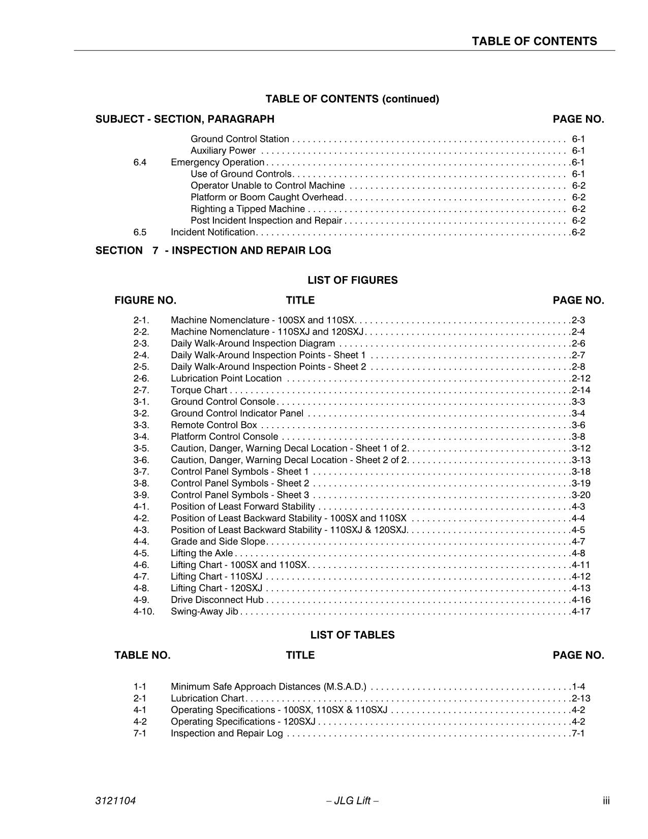 JLG 100SX 110SX 110SXJ 120SXJ Boom Lift Maintenance Operators Manual 3121104