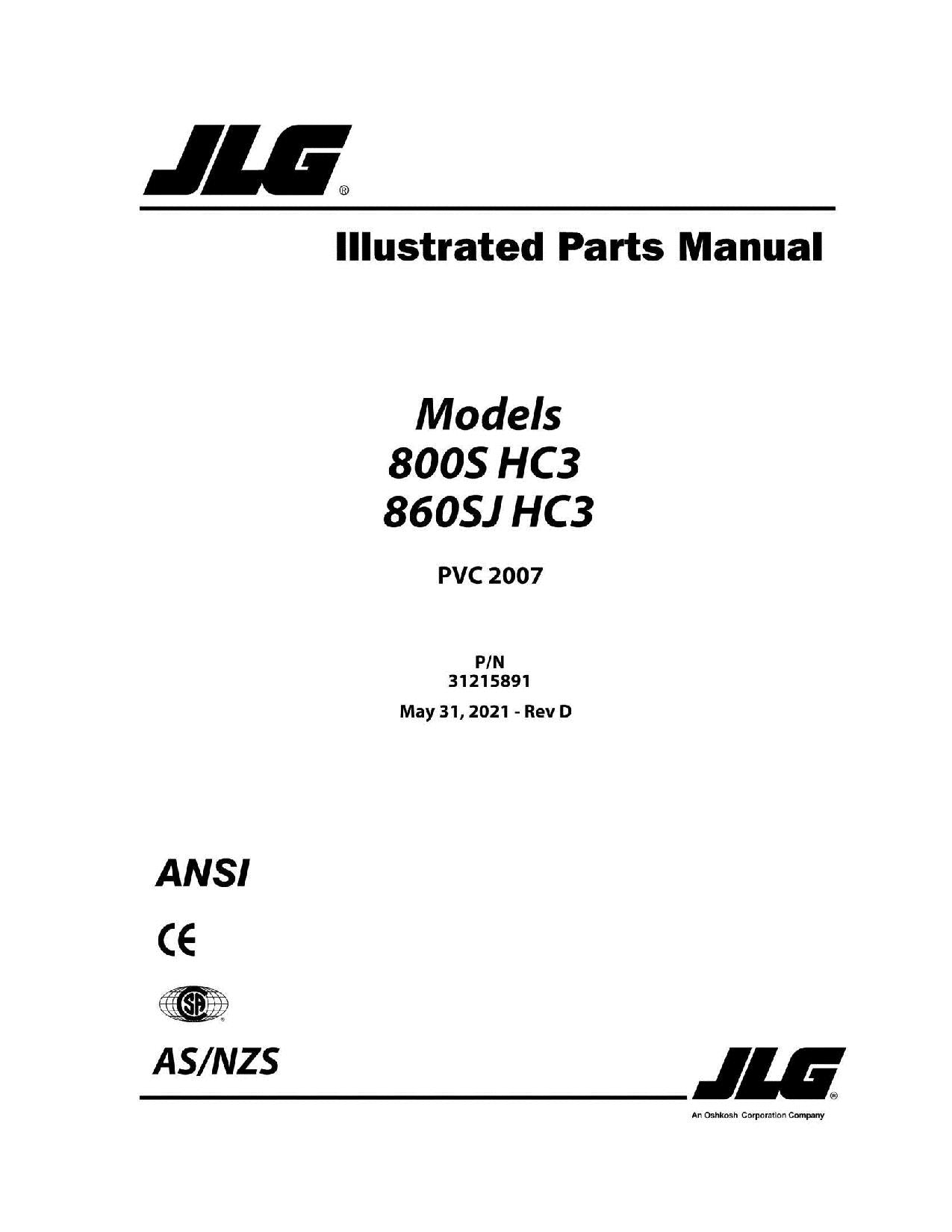 JLG 800S HC3 860SJ HC3 Boom Lift Parts Catalog Manual 31215891