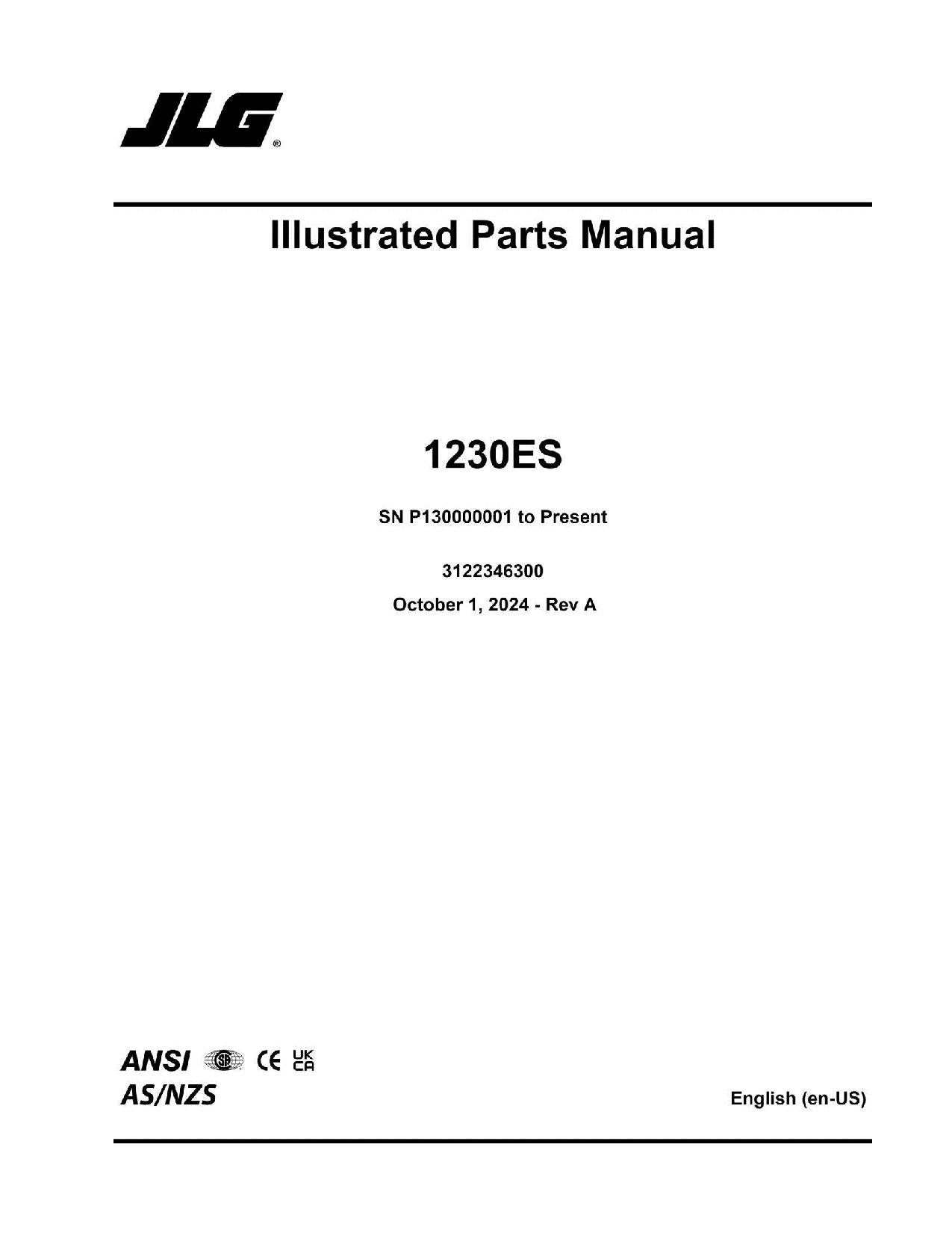 JLG 1230ES Vertical Mast Parts Catalog Manual 3122346300